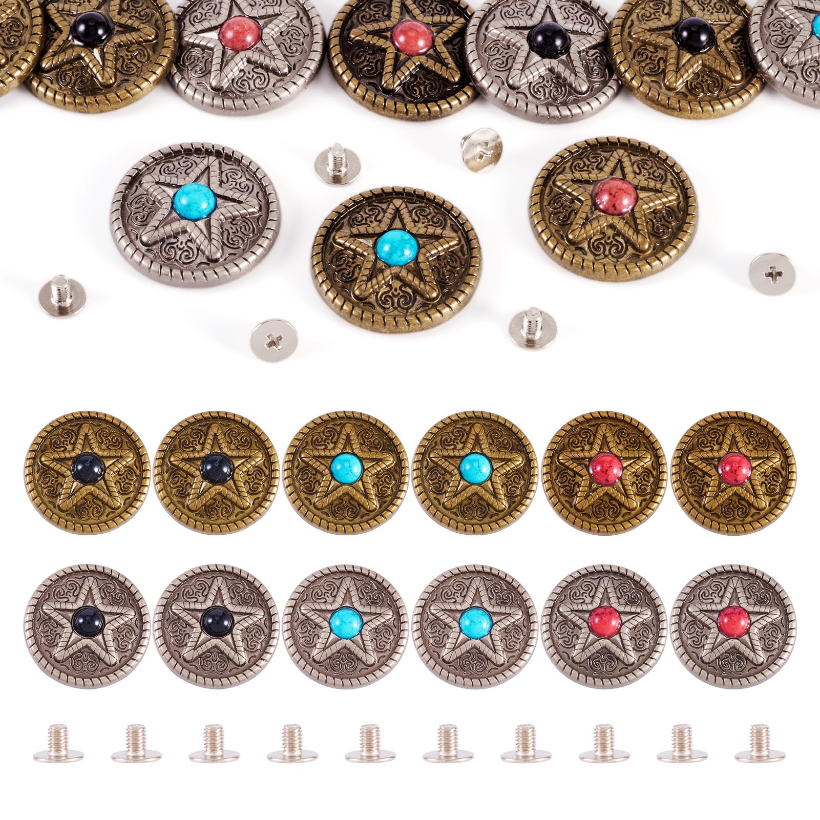 Craftdady 12 Pcs Zinc Alloy Star Buttons with Screws Flat Round Synthetic Turquoise Buckle 1-Hole Vintage Gem Clasp for Purse Bags Leather Crafts Decoration, Bronze & Silver