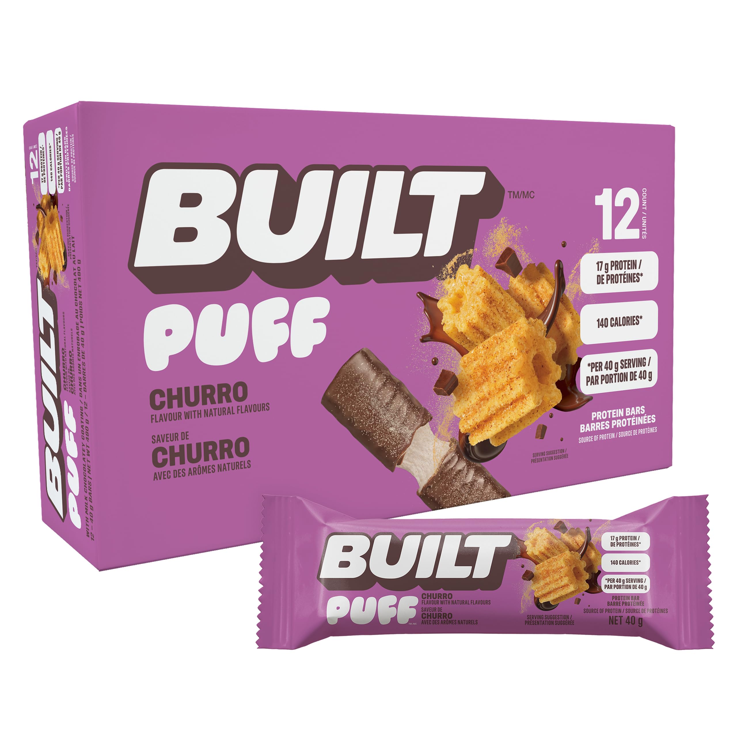 Puff Protein Bars, Churro Puff, 17g Protein Snacks, On-The-Go Bars, Only 140 Calories & 7g Sugar, Collagen, Gluten Free, 12 Count