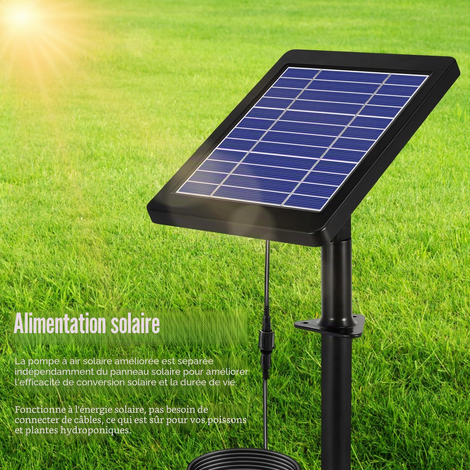 Aérateur de bassin solaire avec 2 pierres à bulles d'air, kit de pompe à air étanche IP64, pompe à oxygène solaire multifonctionnelle portable, 3 modes d'oxygène, 35 dB silencieux, pour jardin