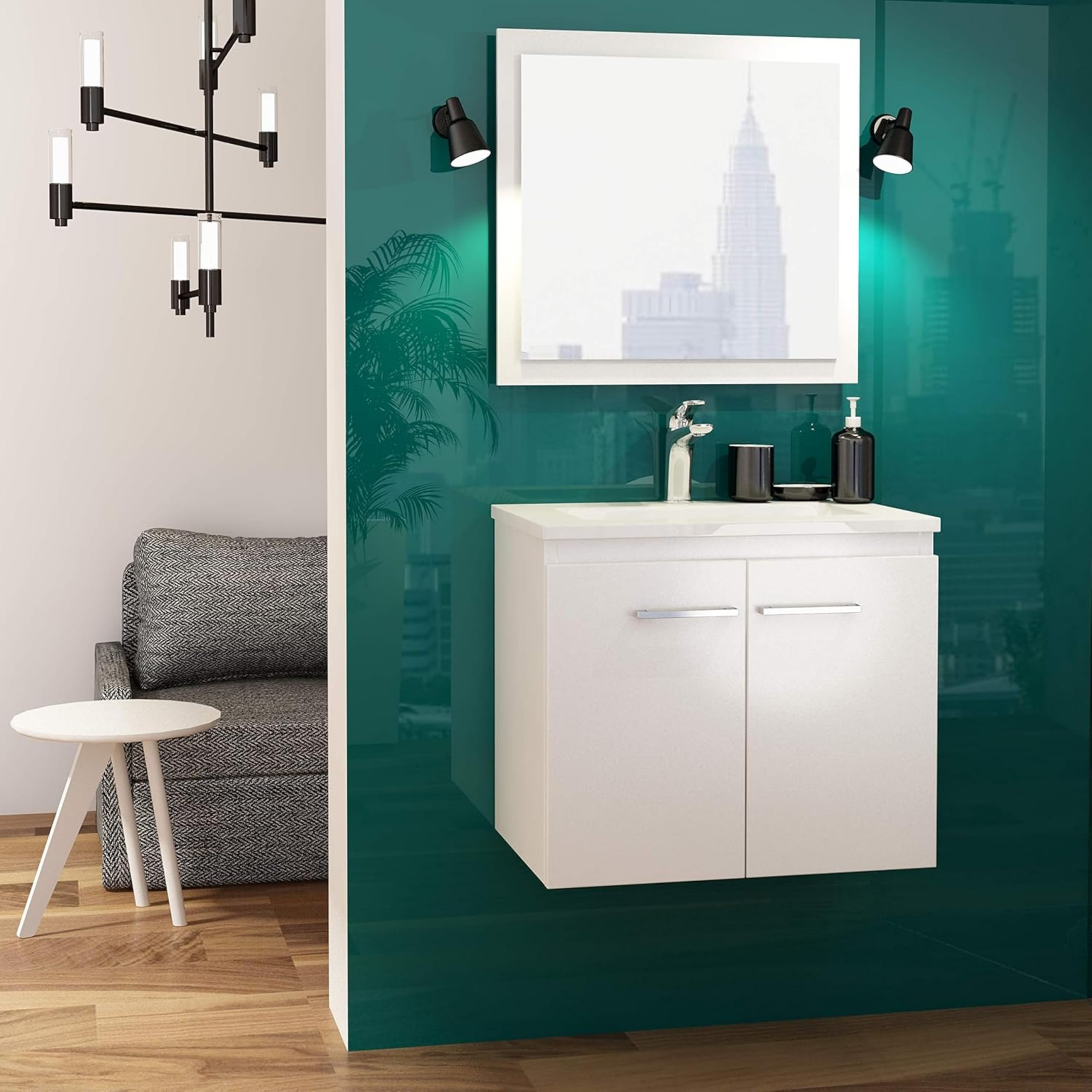 Waschbecken mit Unterschrank Weiß 60 cm Breite mit Waschbecken Bilbao Sink - Waschbeckenunterschrank, Bad Waschtischunterschrank, Badunterschrank mit Waschtisch