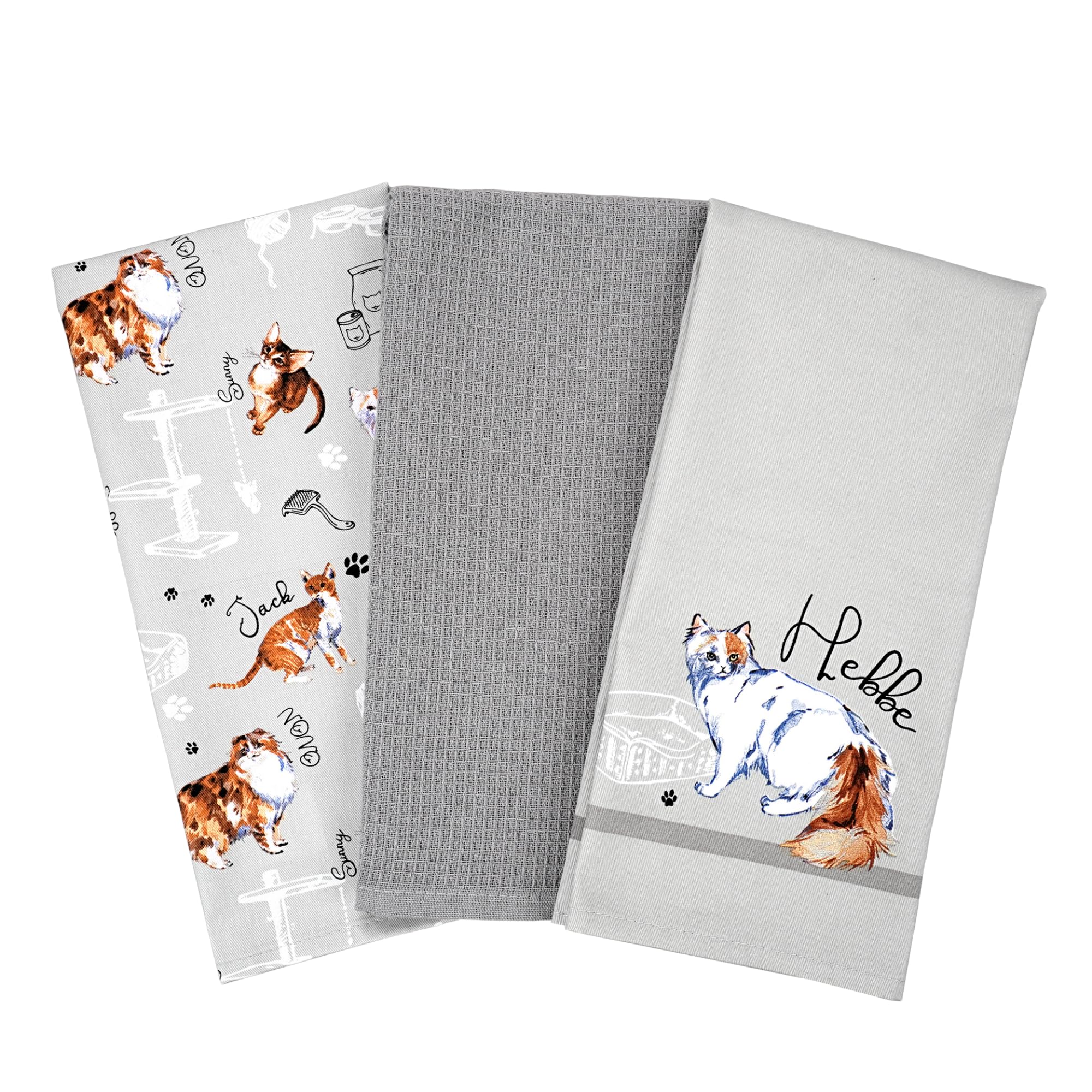 Tea Towels for Kitchen – Pack of 3 Cotton Linen Dish Towels, Absorbent Cooking & BBQ Cloths, Farmhouse Kitchen Towels for Drying Dishes, Baking & Gifting (Cute Cat)