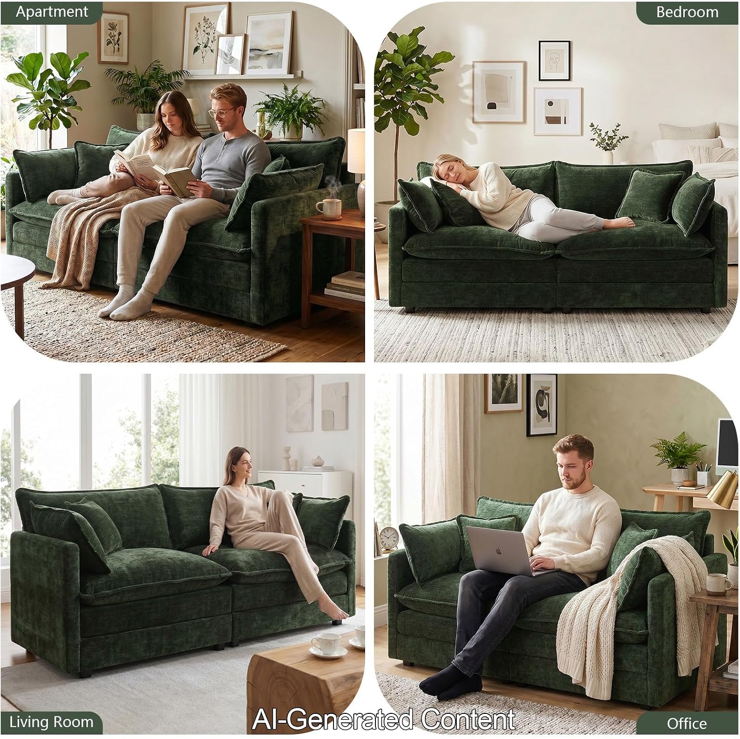 Four images showing the modular sofa in different room settings: apartment, bedroom, living room, and office.