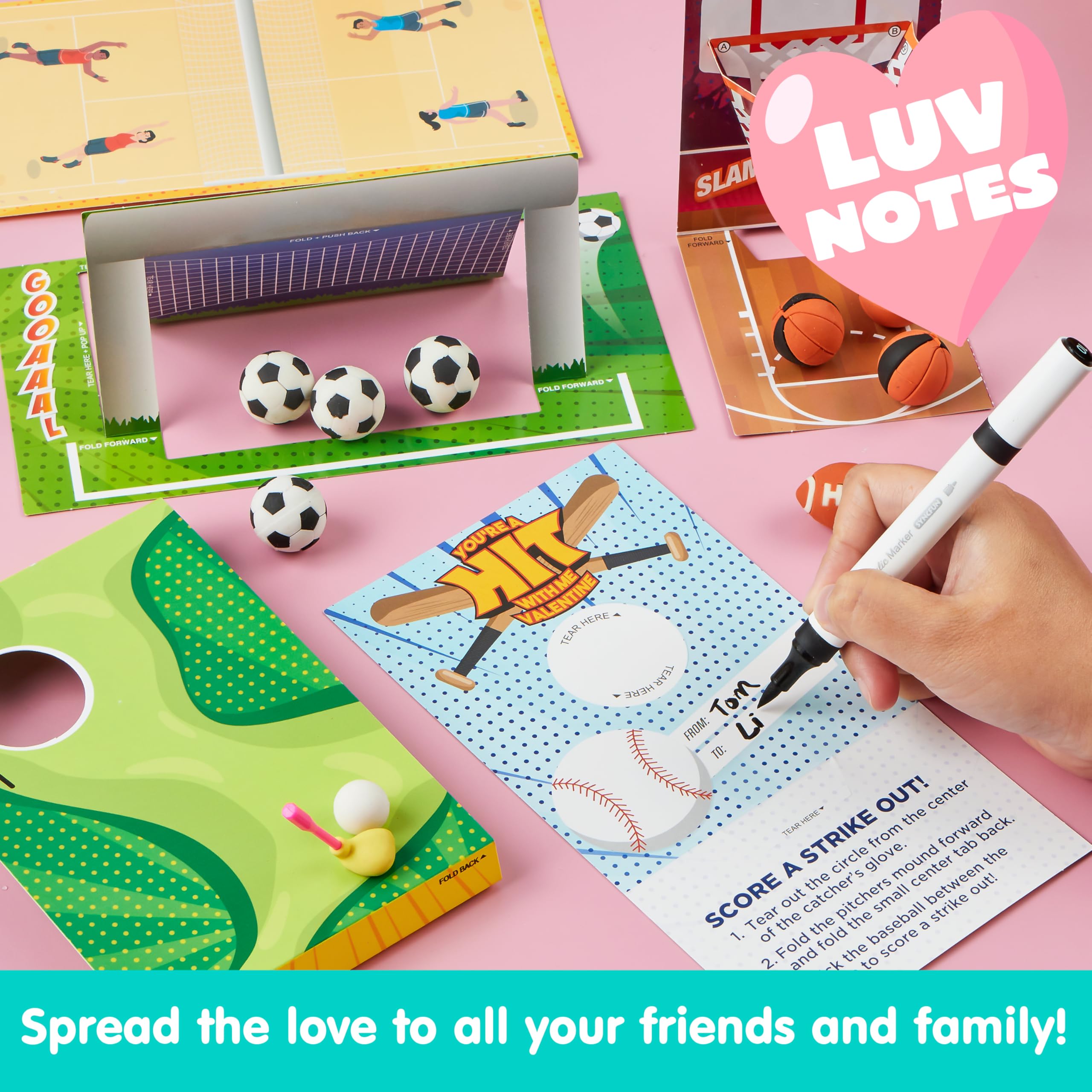JOYIN 28 tarjetas de juego deportivo para el día de San Valentín con 7 gomas de borrar de pelota deportiva para niños, mini borrador de fútbol, baloncesto, fútbol con tarjetas para regalo de San