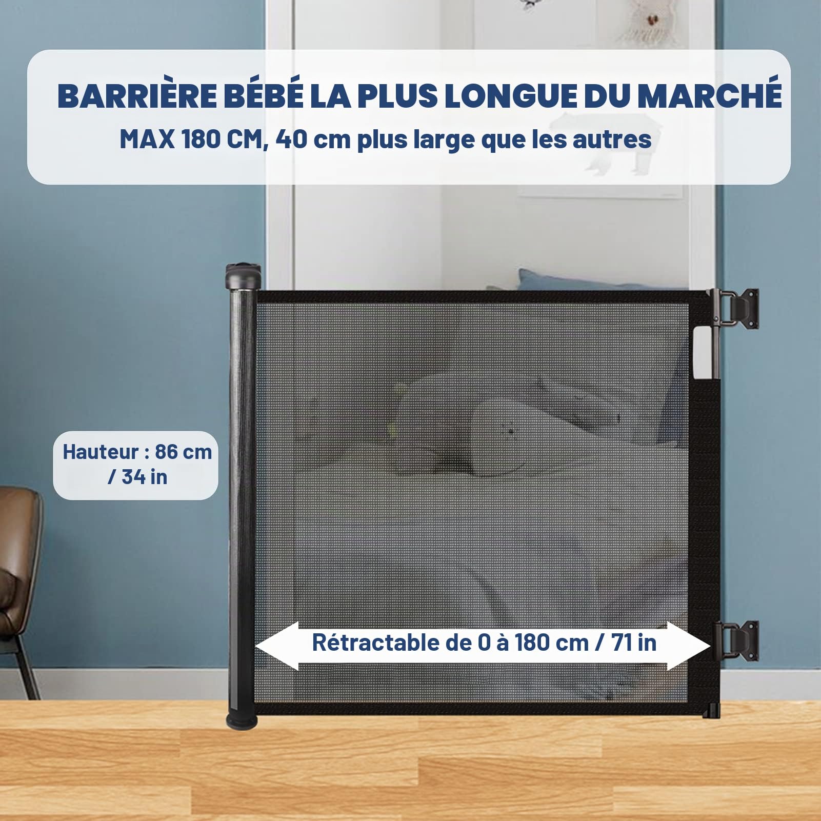 HollyHOME Barrière de Sécurité Rétractable pour Bébé 180 cm Extra Large à Une Main, Barrière D'escalier pour Bébé et Animaux Domestiques, Intérieur et Extérieur, Noir