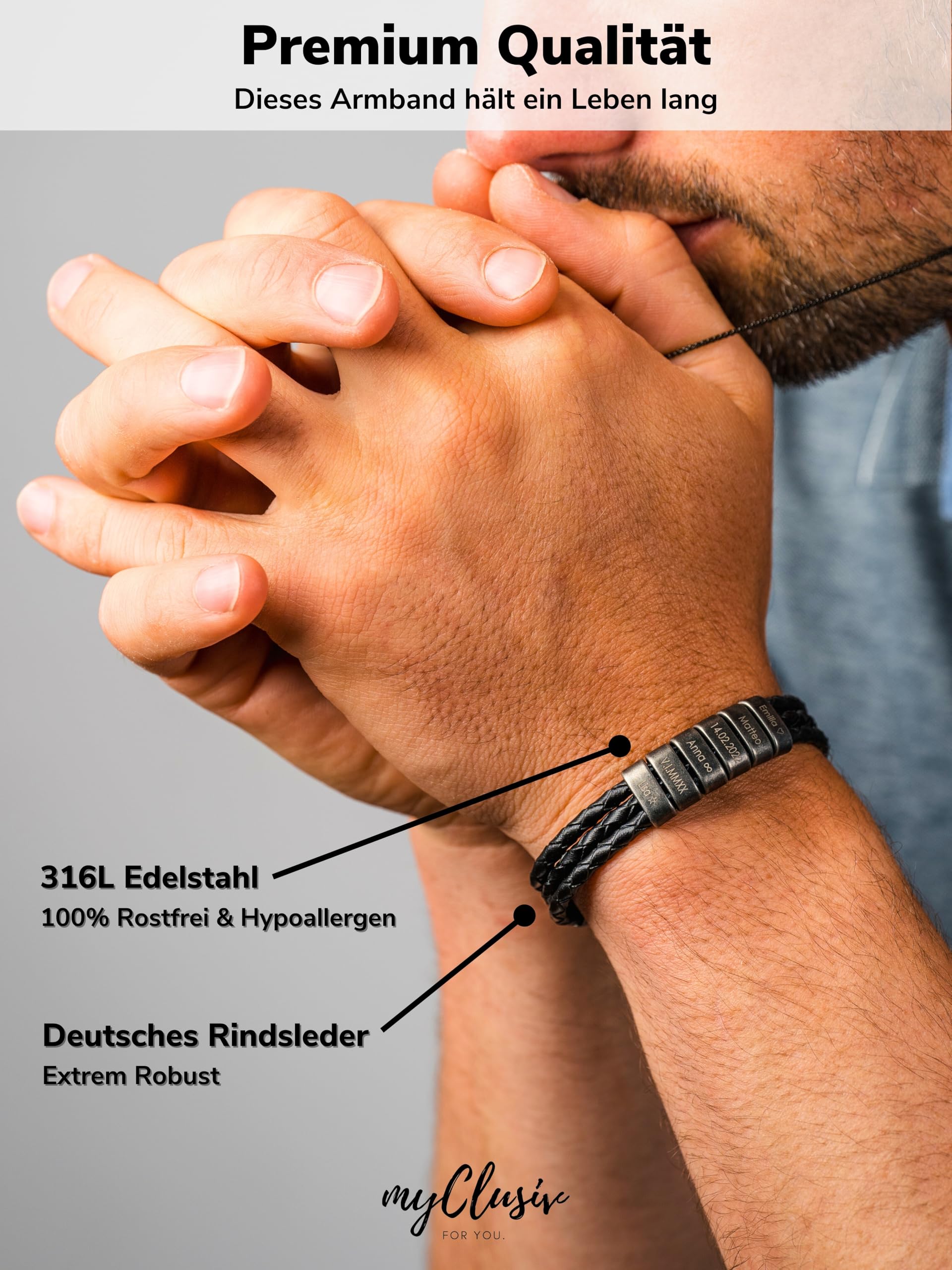 Personalisiertes Lederarmband für Herren mit Namen auf Oxid-Beads - Armband mit Gravur - Geschenk für Männer - Männerarmband - Geschenk für Papa