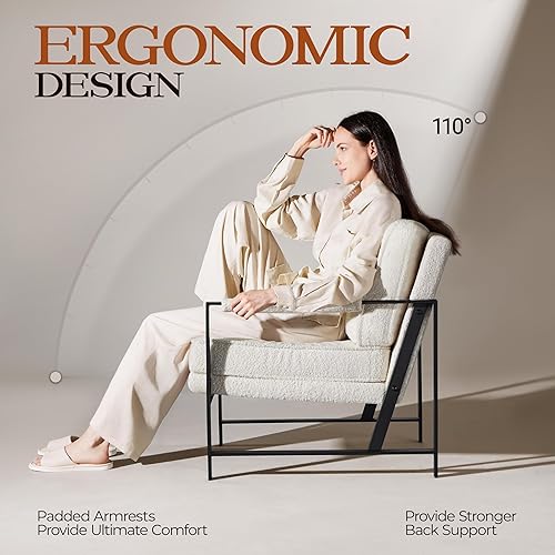 Miniatura 4 de Yaheetech Teddy Boucle - Sillón de tela, silla de ocio retro con acolchado y cojín extrasuave, moderna silla de lectura con marco de metal negro