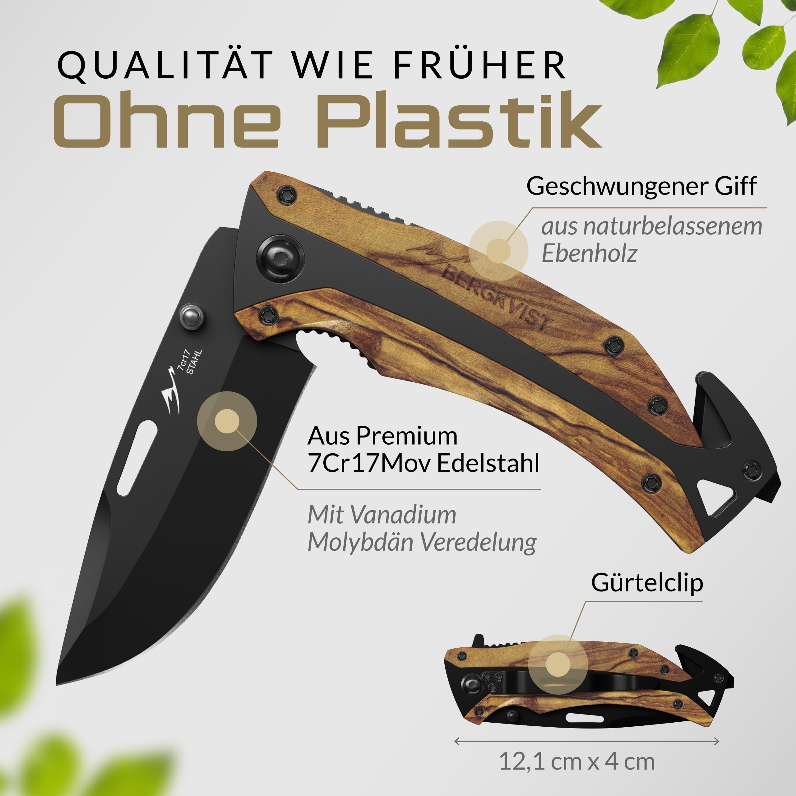 BERGKVIST® K29 Klappmesser Tiger (Einhandmesser) - 3-in-1 Taschenmesser aus Echtholz für Outdoor, Camping & Survival - ausgezeichnet mit dem Bronze A' Design Award 2021 - inkl. Feuerstahl & Tasche