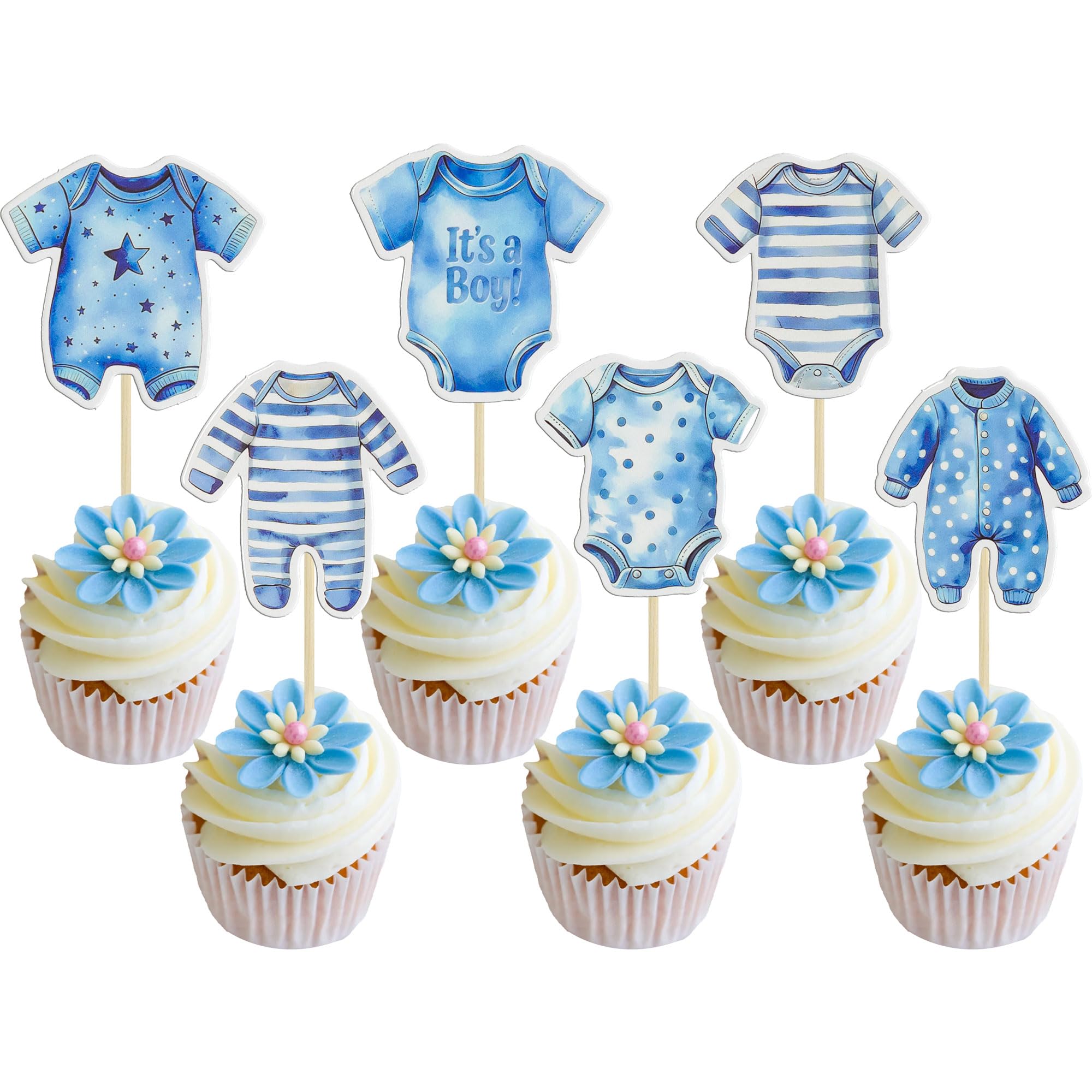 Ephlyn 36Pcs Bodysuit Cupcake Toppers Double Sided Jumpsuits Cupcake Picks It's a Boy Baby Shower Decorations for Boys Birthday Baby Shower Theme Gender Reveal Party Decorations Supplies Dark Blue