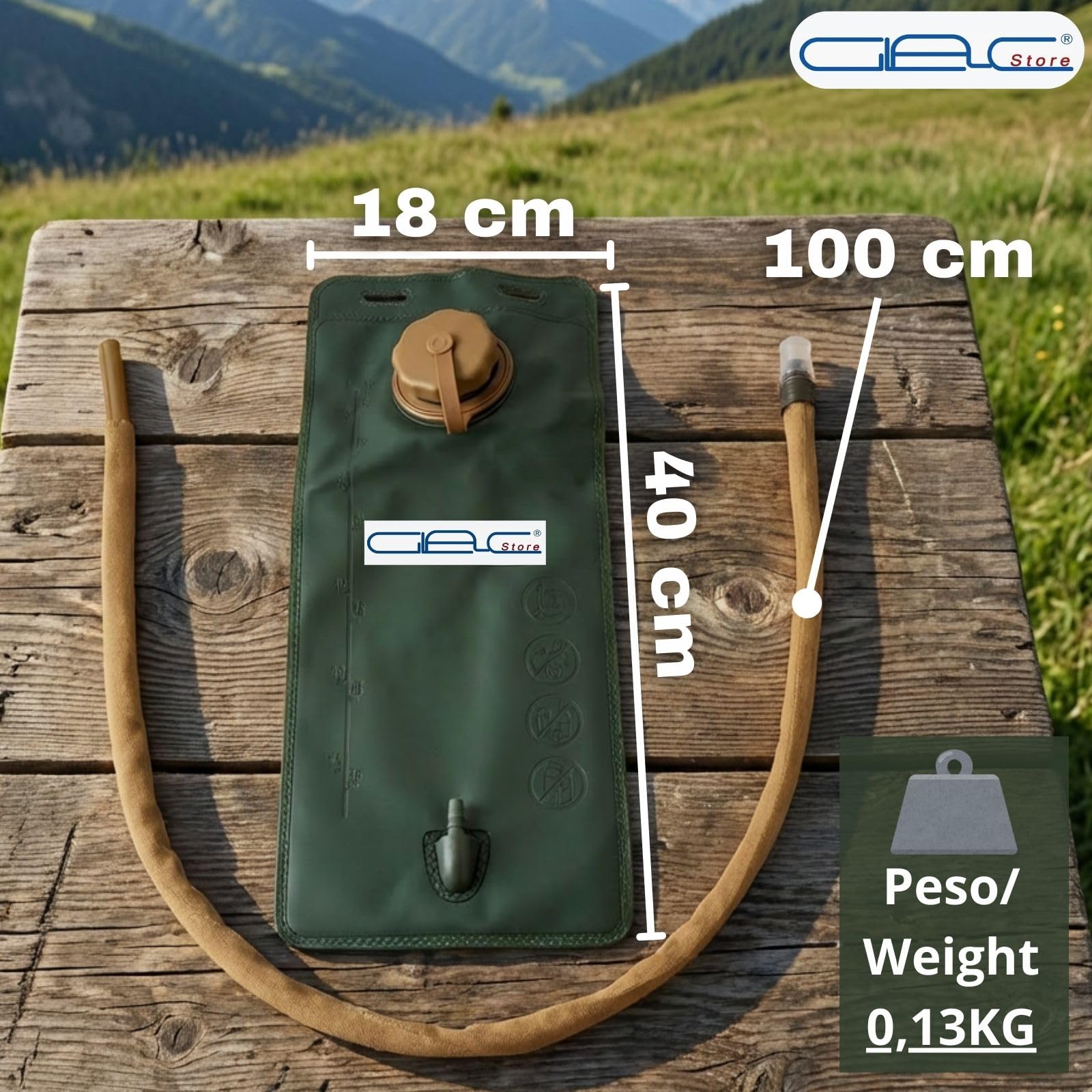 Sacca Idrica 2,5 Litri CamelBak, Verde, Materiale PU e Neoprene, con Tubo 100cm, per Softair Trekking Corsa Campeggio Arrampicata, 40x18cm