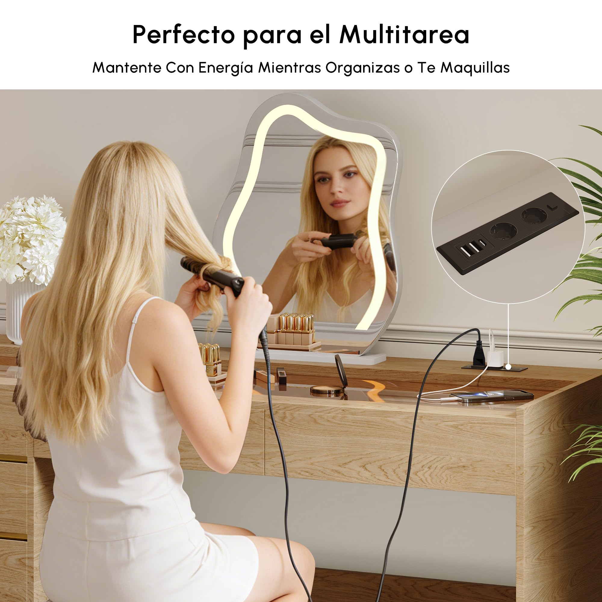 Homary Tocador de Maquillaje 140 cm con Taburete, Tocador de Maquillaje Moderno con Espejo LED, Mesa de Cristal con USB y Joyero con LED Luz, Natural