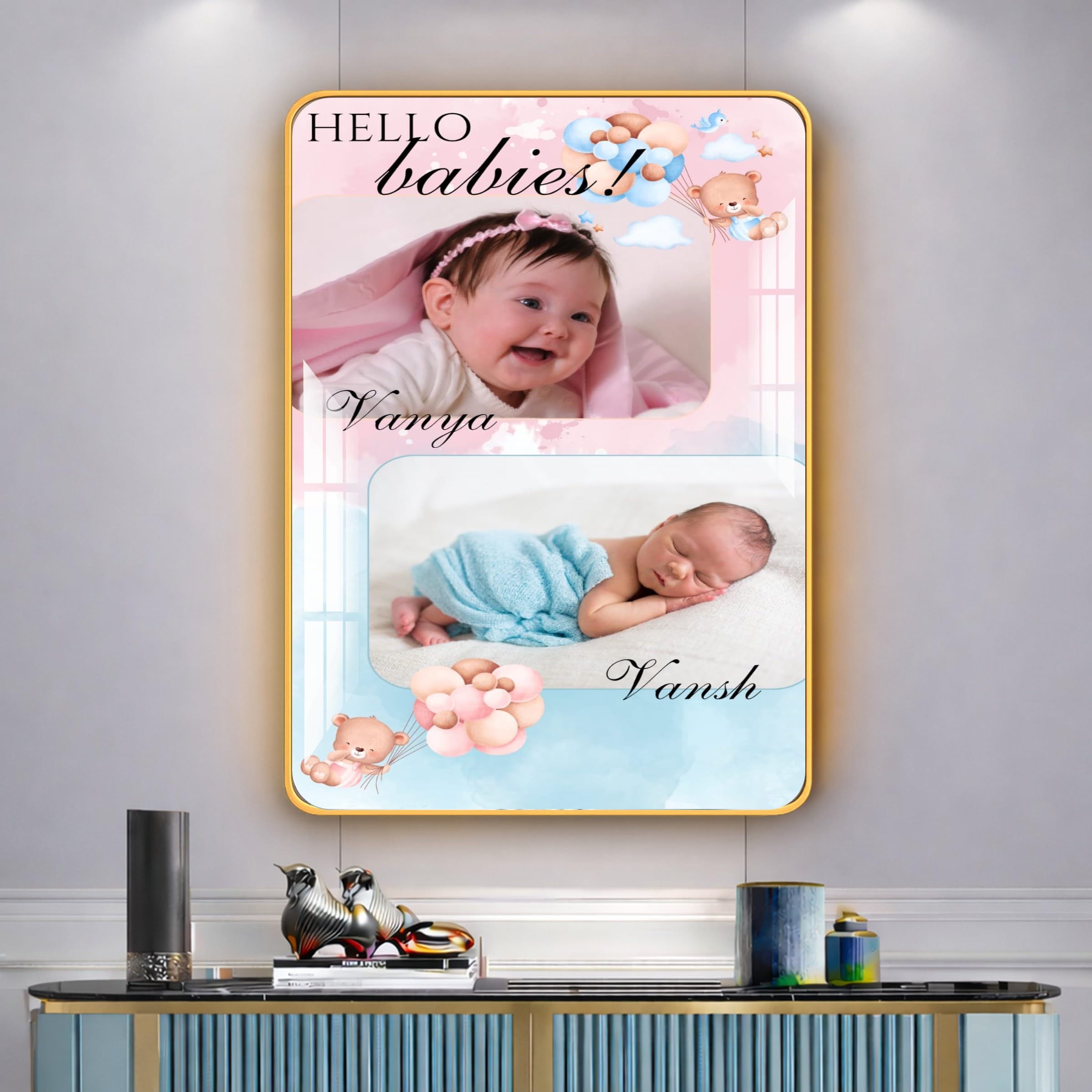 NEXEL Luxury Golden Edge Customized Baby Photo Frame for Twins