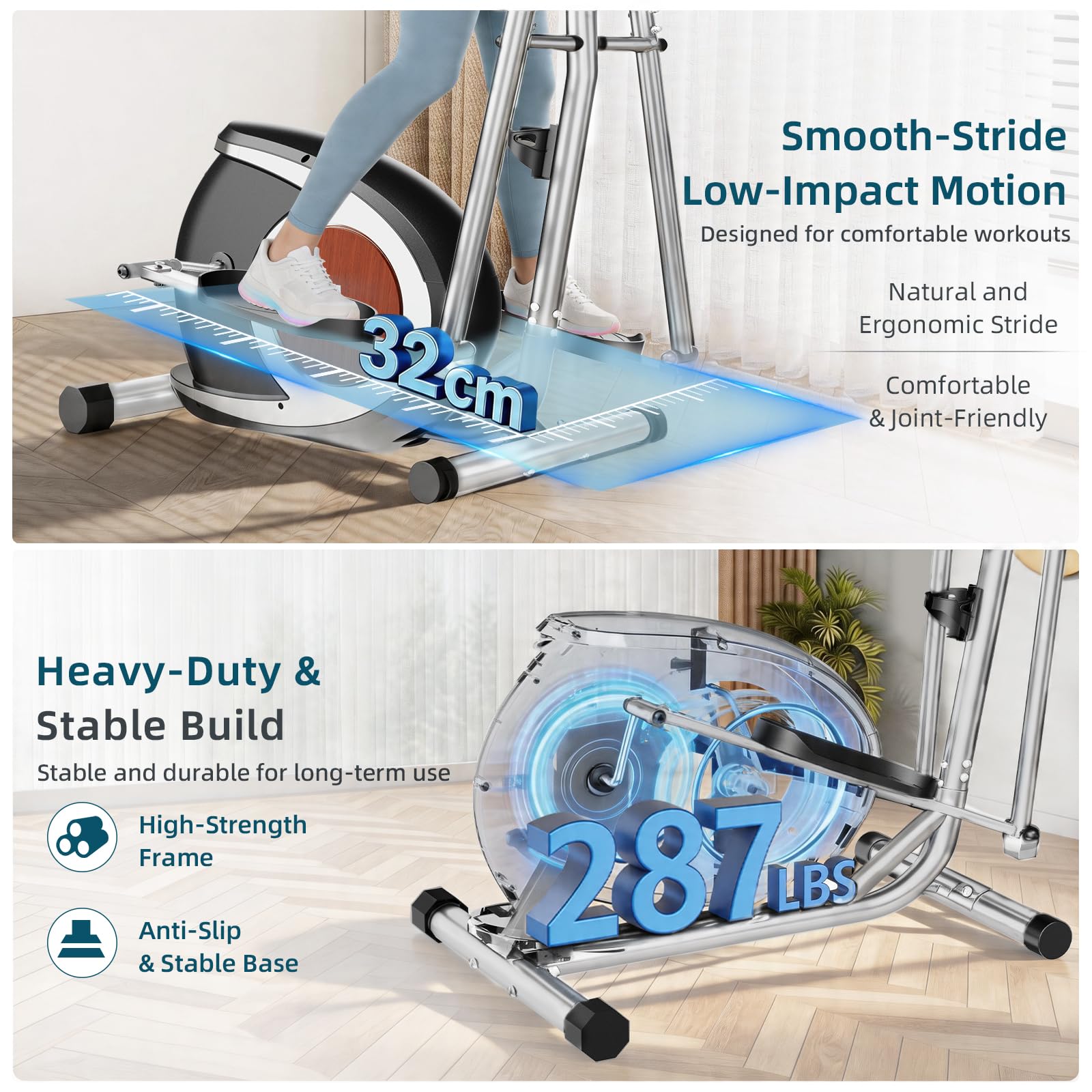 YONISEE Crosstrainer für Zuhause, Leiser Ellipsentrainer mit 16-stufigem Magnetwiderstand, LCD-Display und Bluetooth‑App‑Kompatibilität, Ganzkörper-Fitnessgerät für Heimtraining, Bis 130 kg