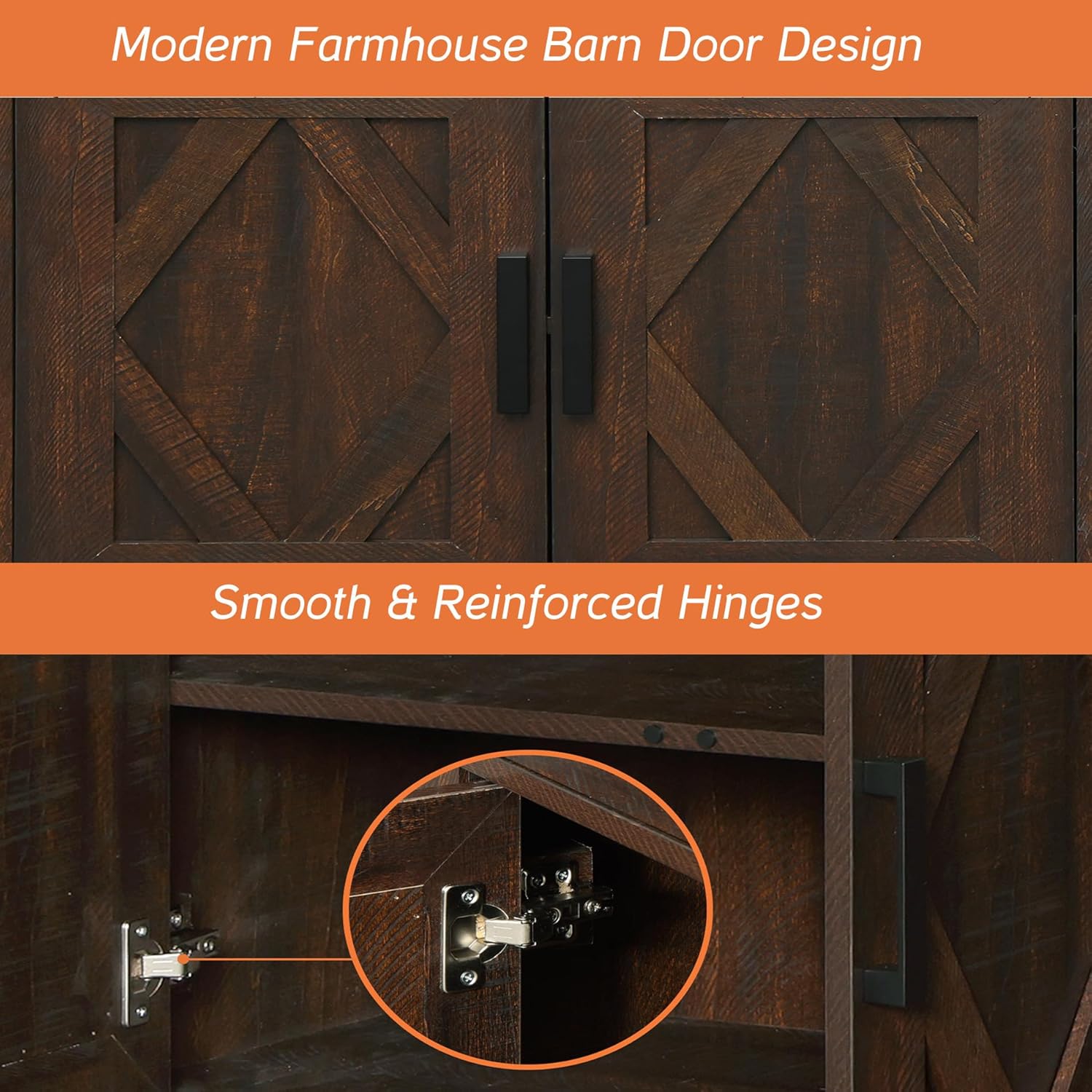 Close-up of the barn door design and smooth, reinforced hinges on the WAMPAT TV stand