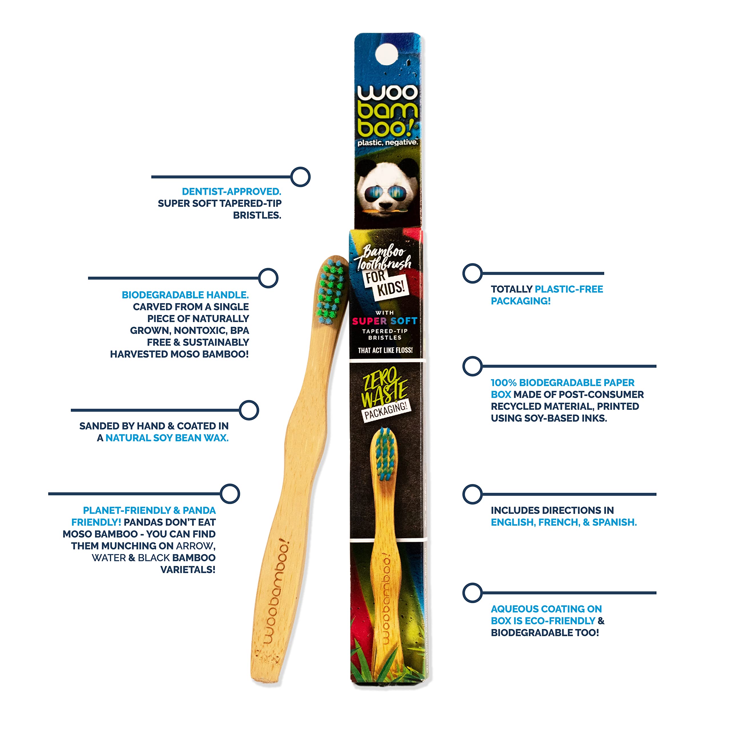 Woobamboo! Kid's Bamboo Toothbrush - Super Soft BPA Free Nylon Bristles - Eco-Friendly, Biodegradable, Compostable, Vegan (Pack of 2)