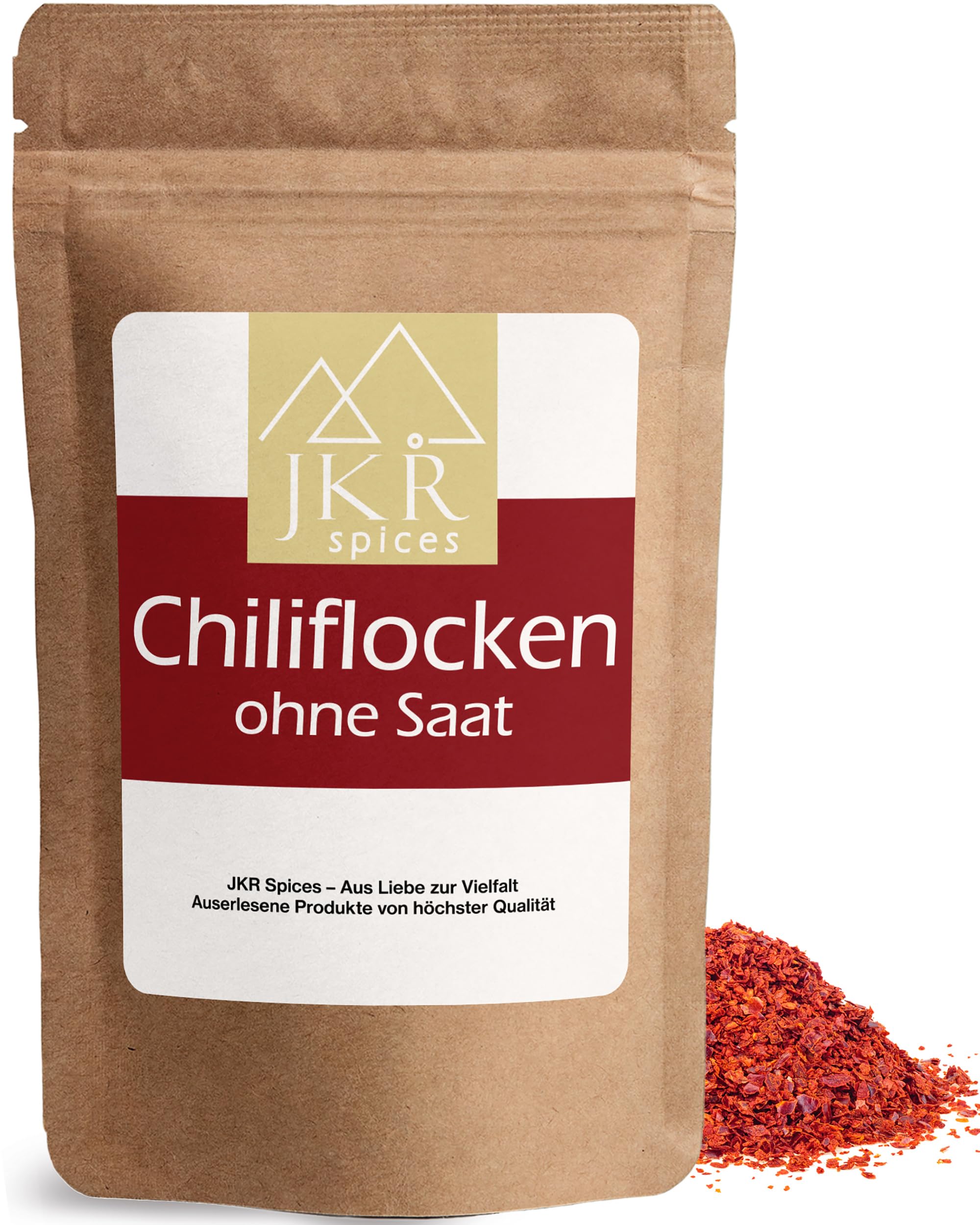 JKR Spices Chiliflocken ohne Saat 250g | Chili Flocken ohne Kerne | Chili Flakes im wiederverschließbaren CO² neutralem Beutel | Chili geschrotet mild | Chilli Flocken