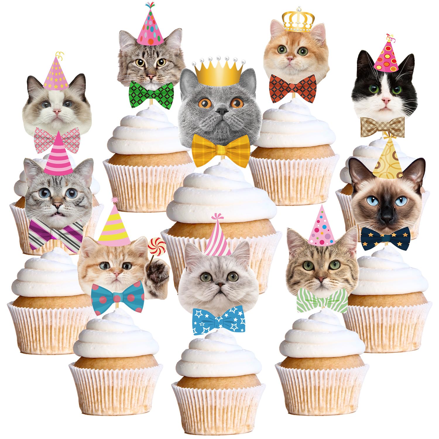 Wxiben Cat Birthday Party Decorations - 40PCS Cupcake Toppers, Cake Decor Supplies for Kitten Pet Birthday, Baby Shower - Cute Cats Face Cake Toppers