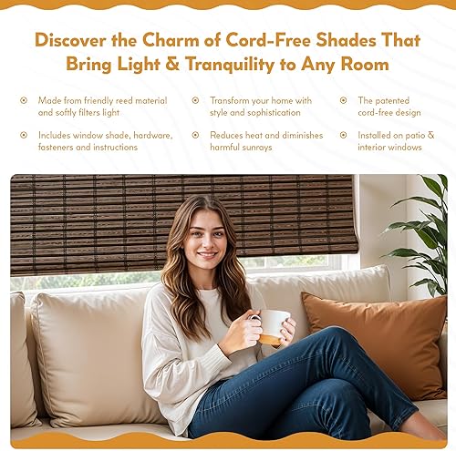 Miniatura 6 de Radiance Persiana romana de bambú de tejido plano Cocoa Havana, 23 pulgadas de ancho x 64 pulgadas de largo - 2215200E