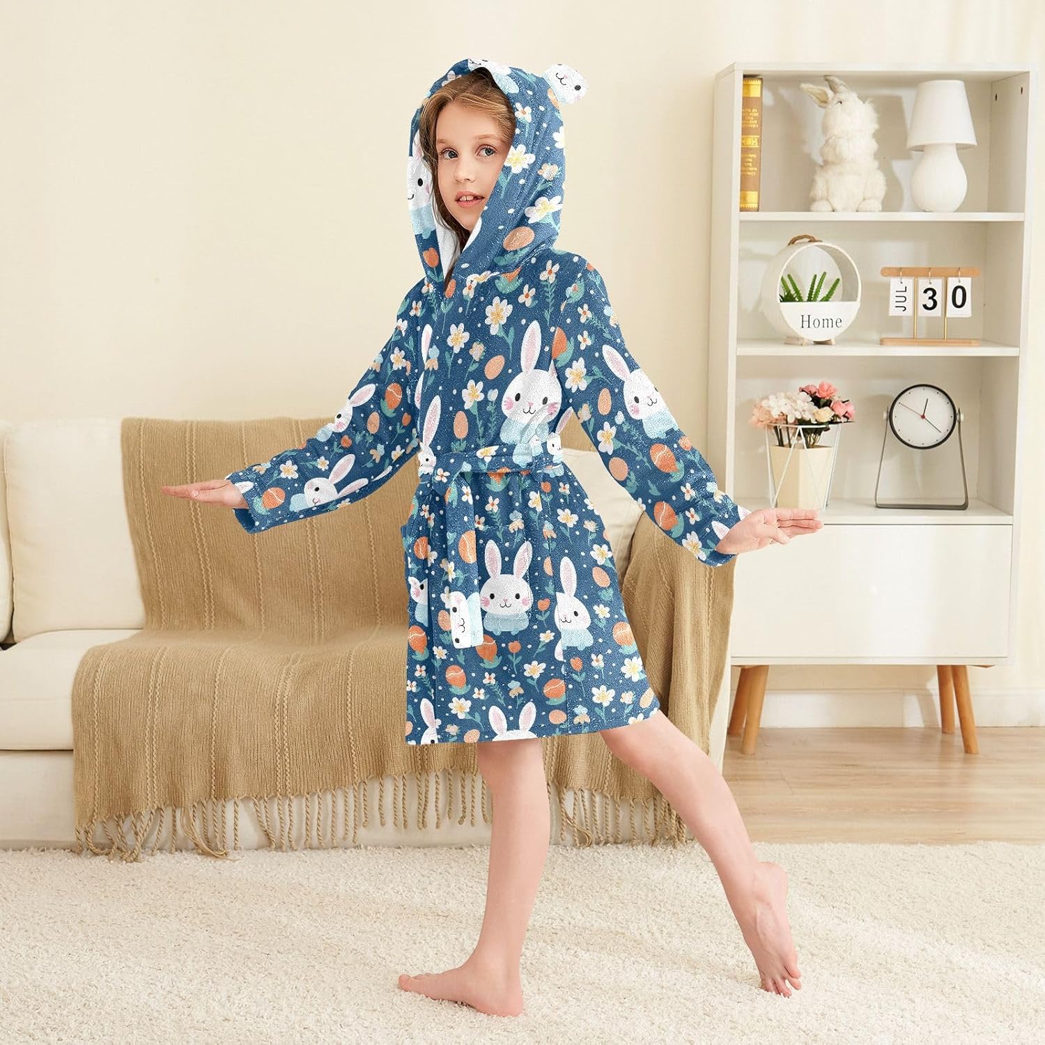 senya Rabbits Toddler Hooded Bathrobe Kids Soft Plush Bath Towel Robes for Boys Girls 2-12 Years