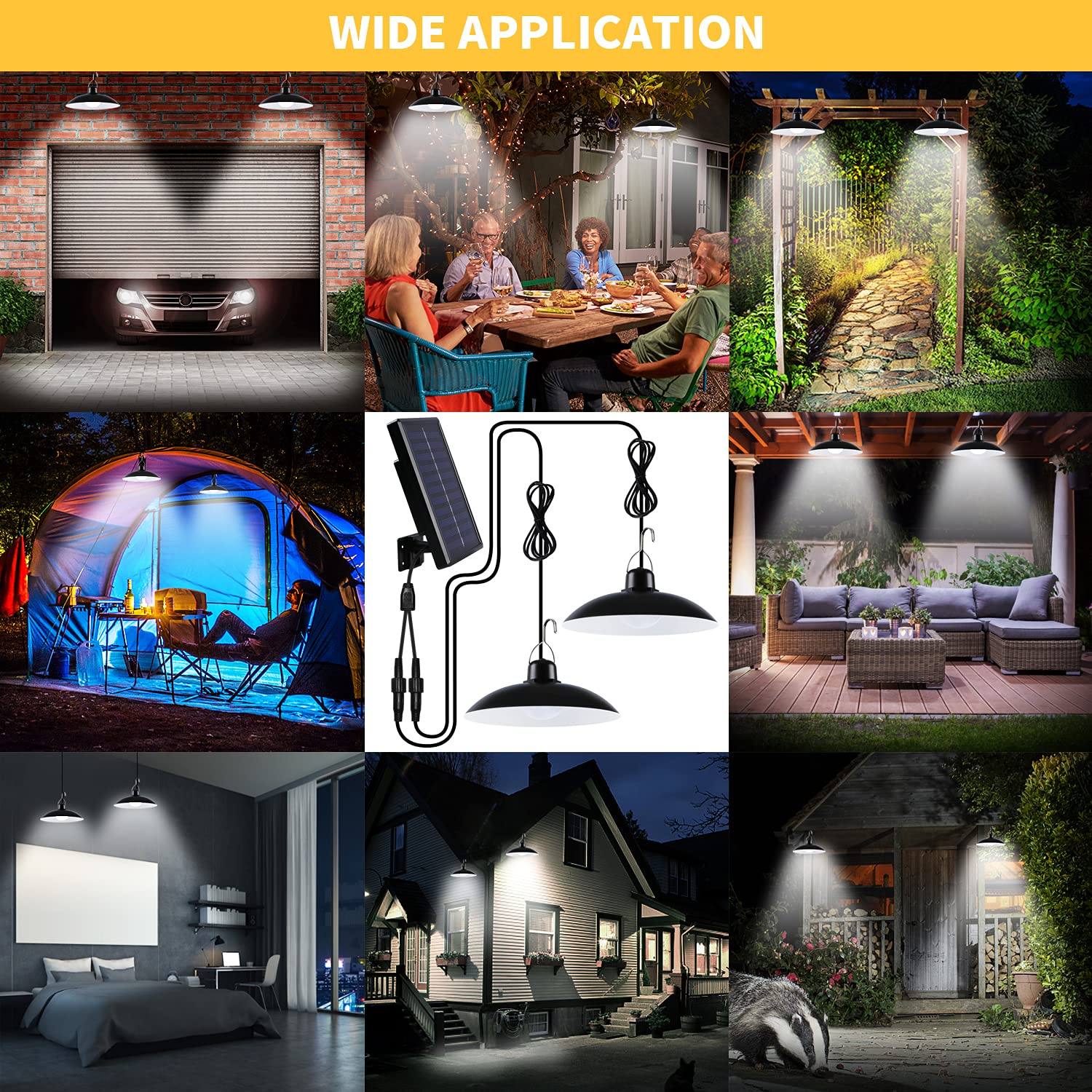 Luce Solare LED Esterno, IP65 Lampada Solare da Esterno Impermeabile Doppia Testa Lampade Solari a Sospensione con Telecomando per Giardino Garage Agriturismi