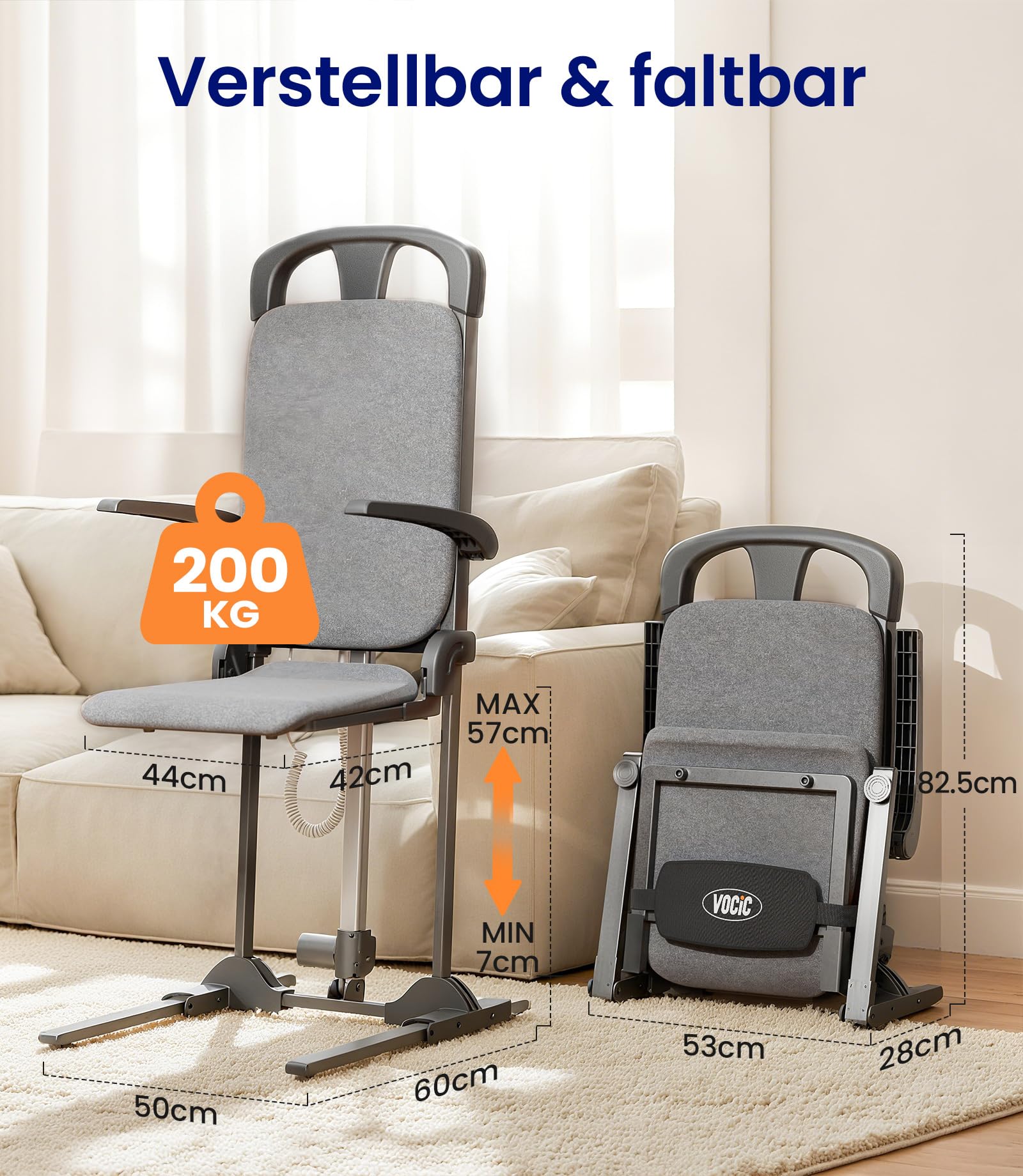 VOCIC AX15 Elektrischer Aufstehsessel bis 200 kg, robust und faltbar | Senioren Pflege Zuhause, Aufstehhilfe Sturzrisiko, Transfer Bett Rollstuhl, Stahlrahmen Memory-Schaum Grauer Stoffbezug