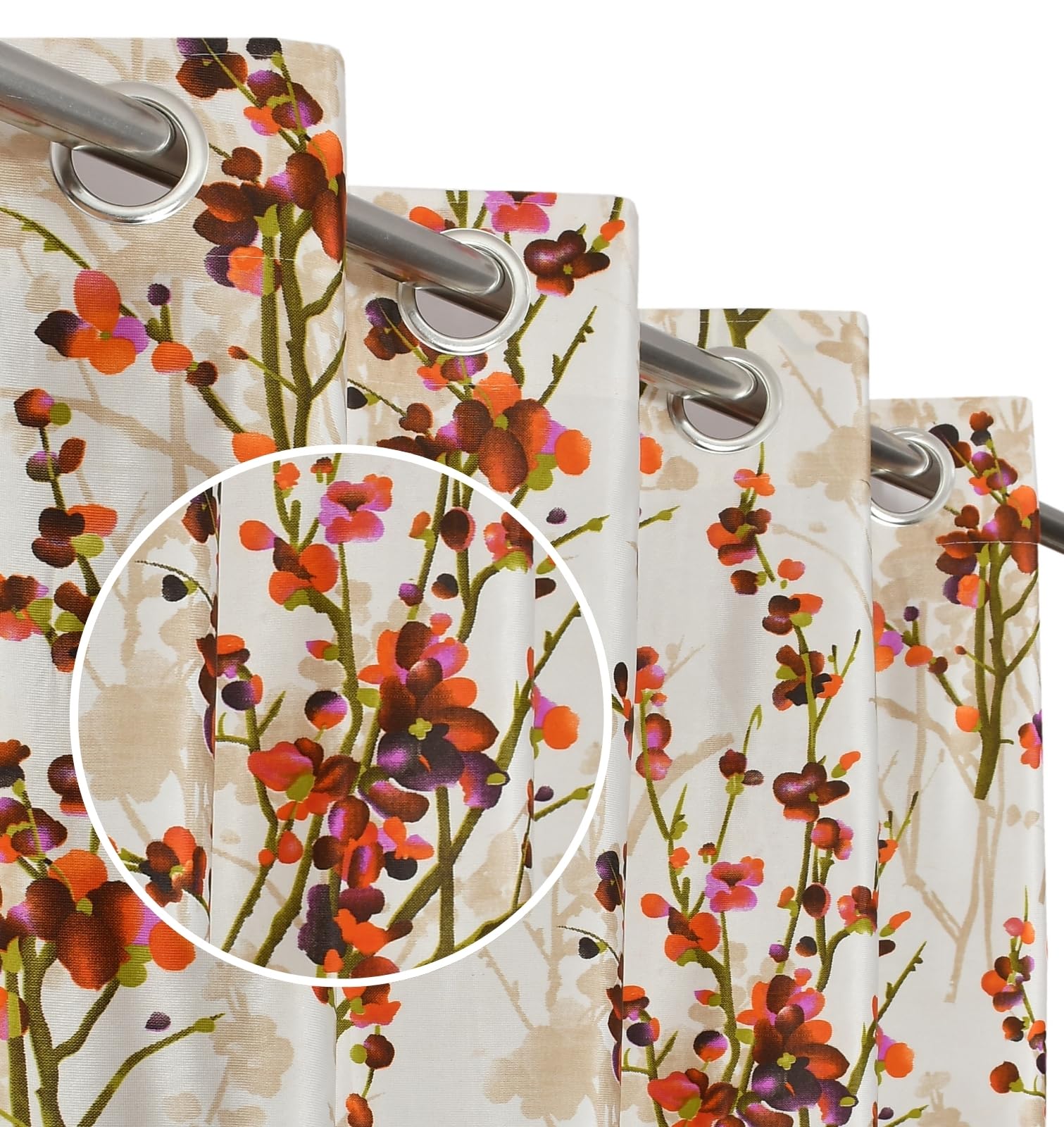 Polyester Grommet Floral Curtains 7 feet Long Set of 2, Orange-image-27