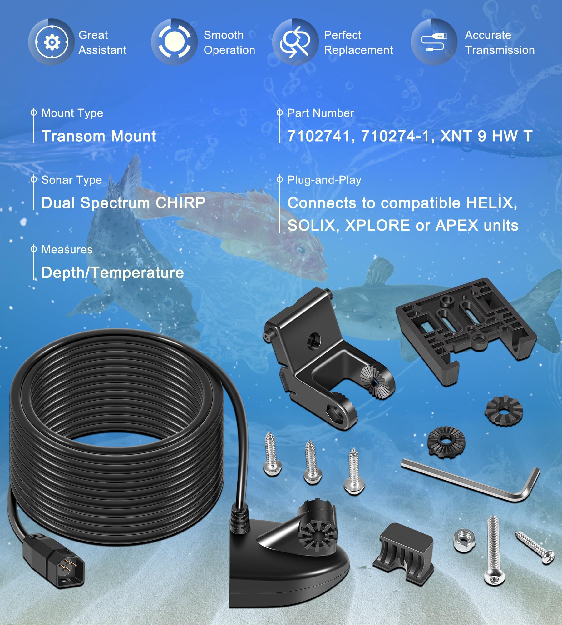 710274-1 XNT 9 HW T Heckwandler mit Temperatursensor, passend für Humminbird Helix mit Dual Spectrum Chirp 2D Sonar, 6,2 m Kabellänge