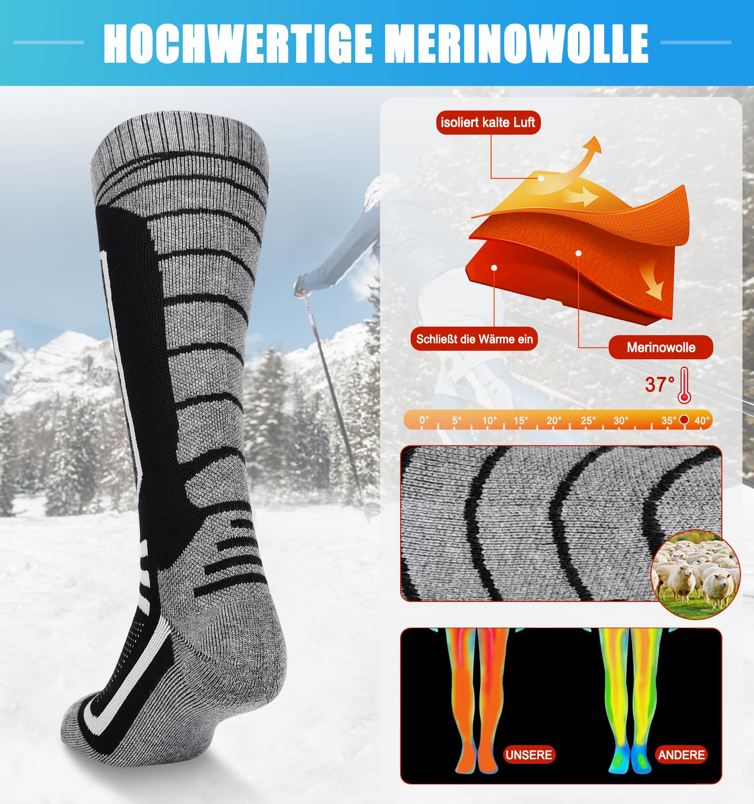 LUROON Chaussette de Ski en Laine Mérinos pour Homme, 2 Paires Longues Thermique Chaussettes Hautes Chaussette Chauffe-Pieds pour Sport Cyclisme Randonnée Ski