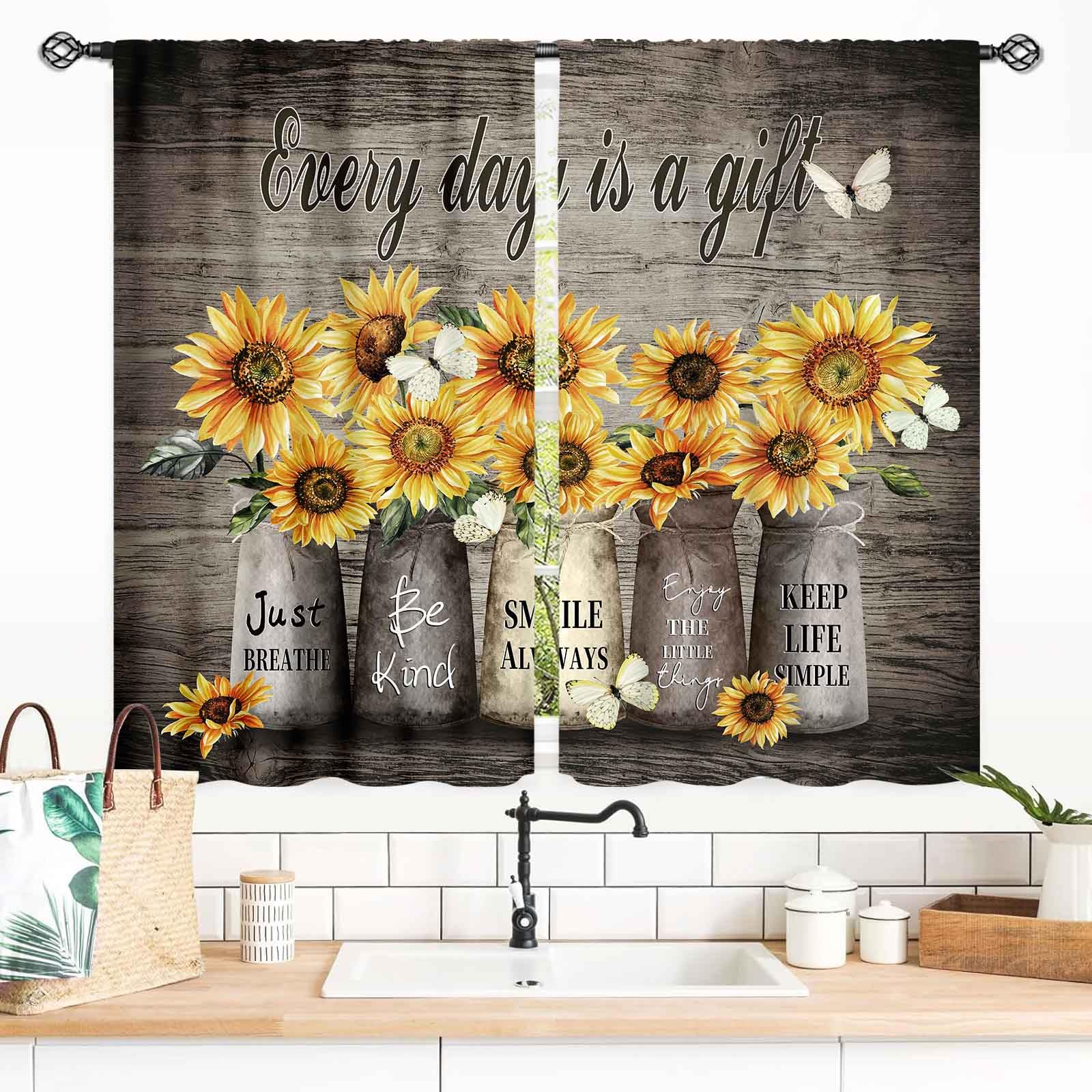 TKUYO Rustic Sunflower Kitchen Curtains, Farmhouse Yellow Floral Vase Country Rural Wooden Plant Rod Pocket Small Short Window Drapes Treatments