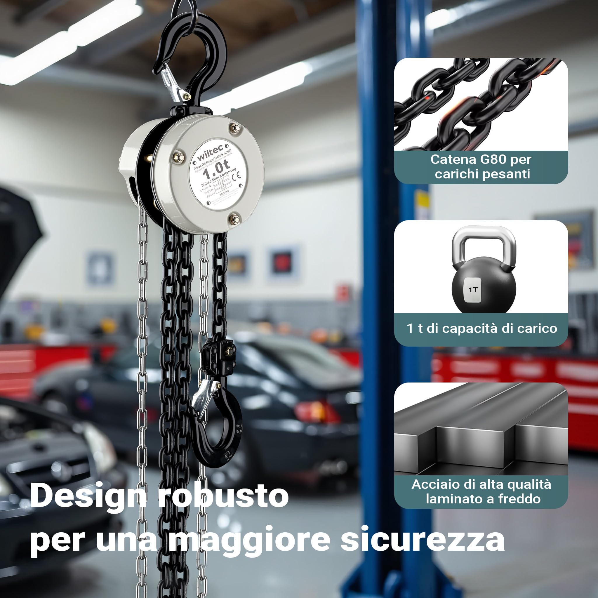 Wiltec Mini paranco a catena manuale VSK-1, capacità di carico 1 t, altezza di sollevamento 3 m, per sollevare e abbassare carichi pesanti in officine, magazzini e cantieri, per impieghi gravosi