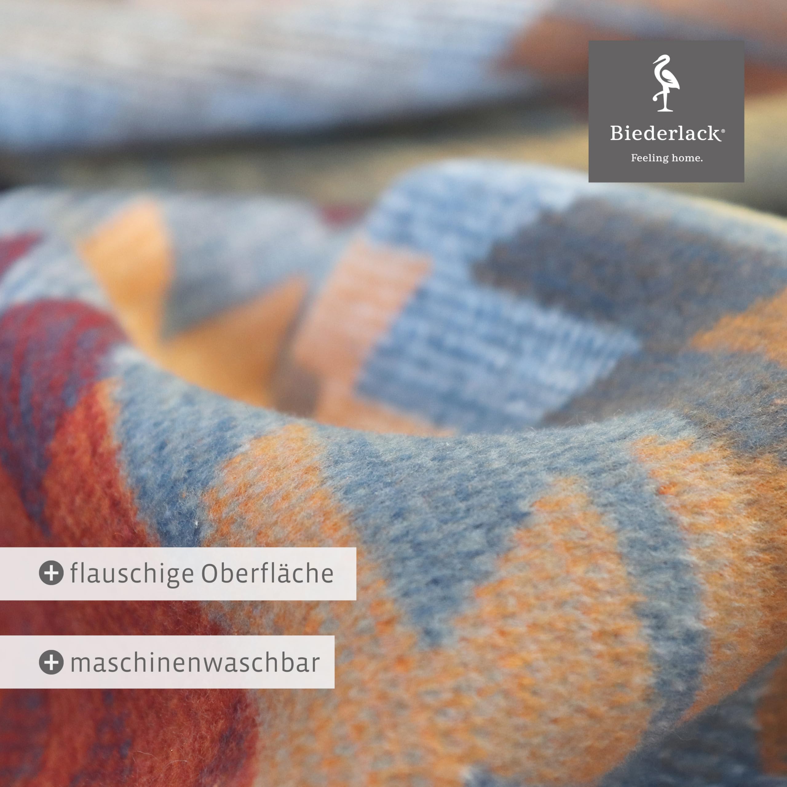 biederlack® Flauschige Kuscheldecke Navajo, Bunte Couchdecke in 150x200 cm | Made in Germany, Ethno Wohndecke in blau-orange, Sofadecke aus Baumwollmischgewebe, farbenfrohe Decke, OEKO-TEX Made in Green