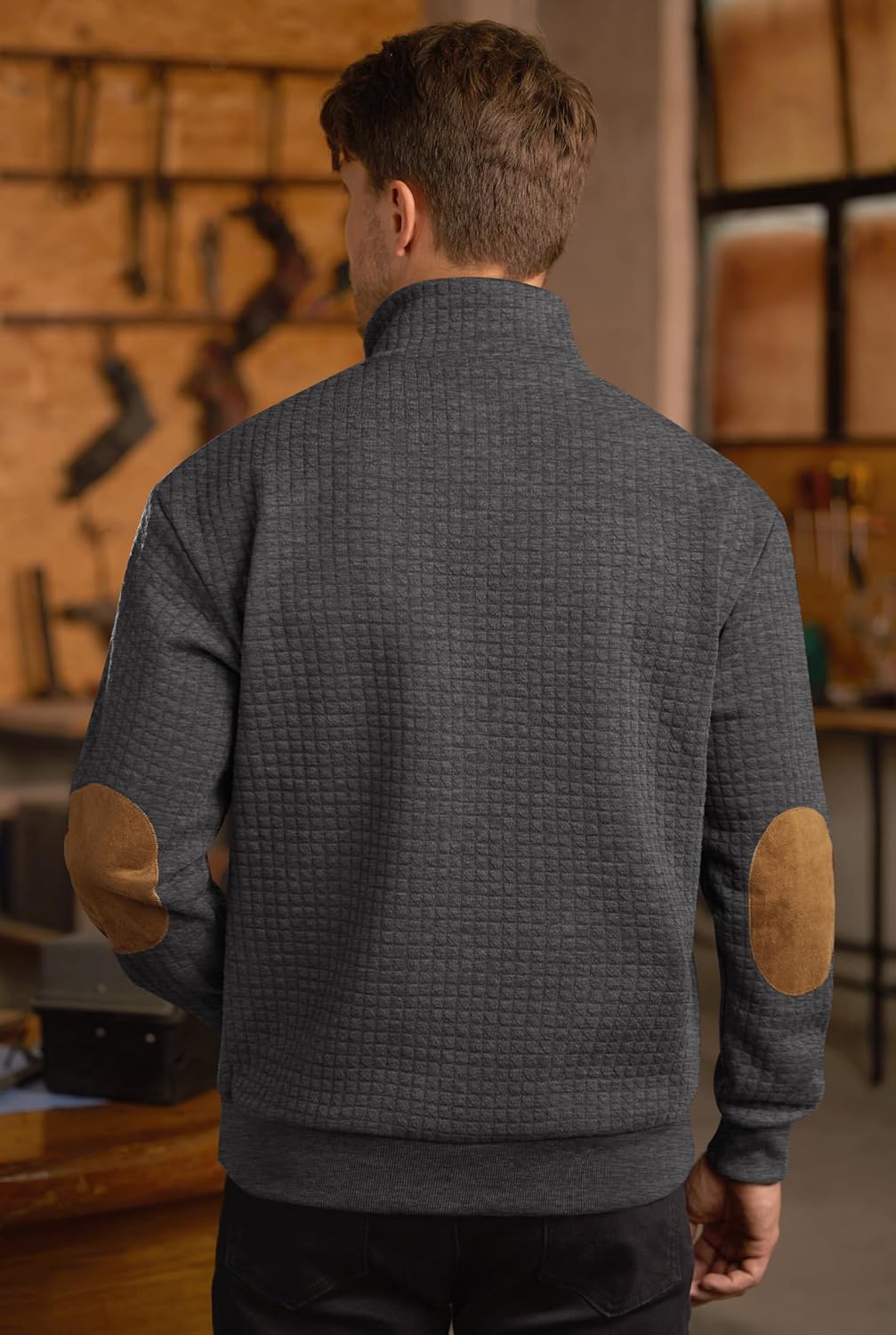 Men's Textured Sweatshirt Fleece Lined Thermal Elbow Patches Heavyweight Pullover Grey - Waffle, Medium - Image 8