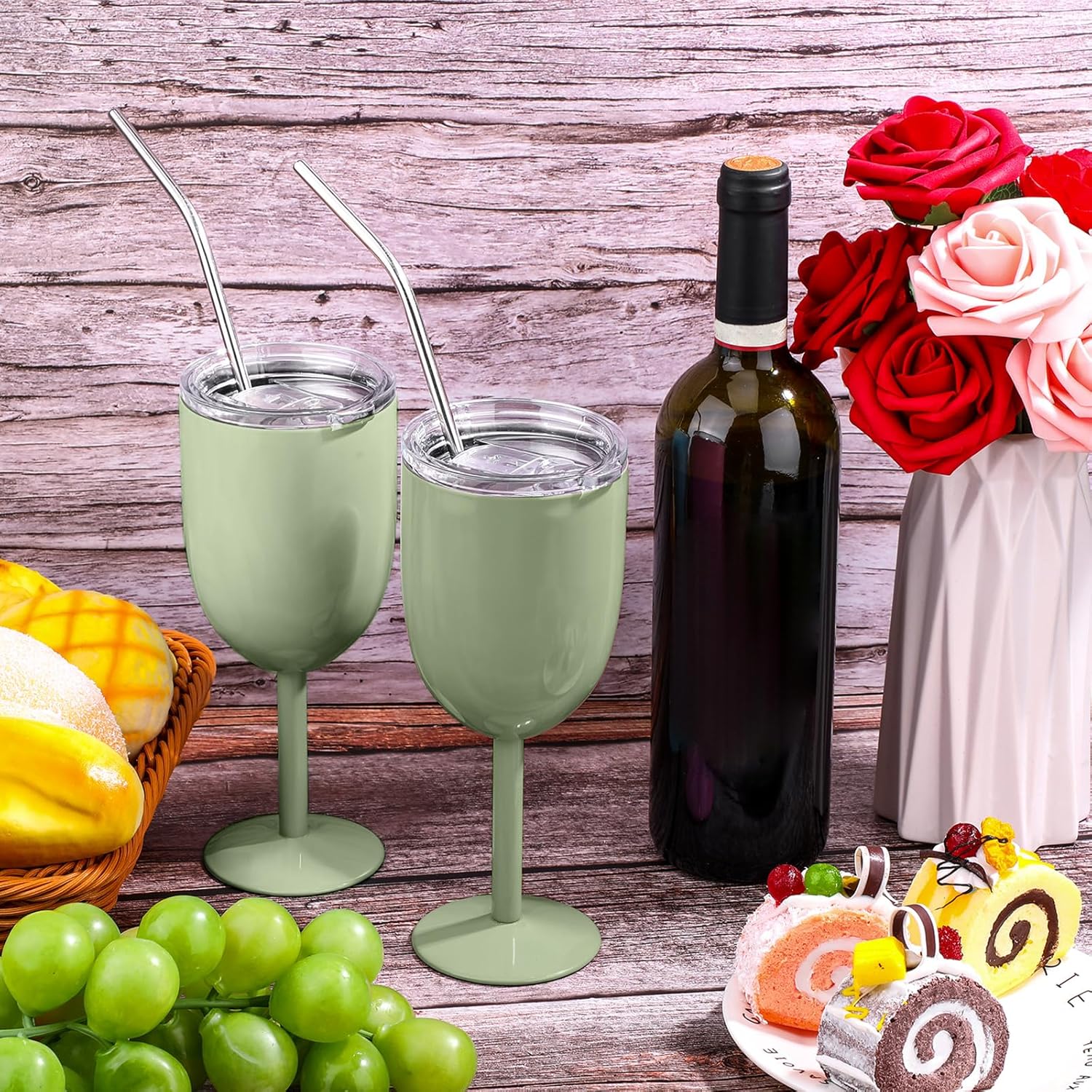 Geiserailie 3 Pcs Stemmed Stainless Steel Wine Glasses with Lid Double Wall Insulated Wine Tumbler with Drinking Straw and Straw Brush 10 oz Cups for Christmas Gifts(Sage Green,3 Pieces)