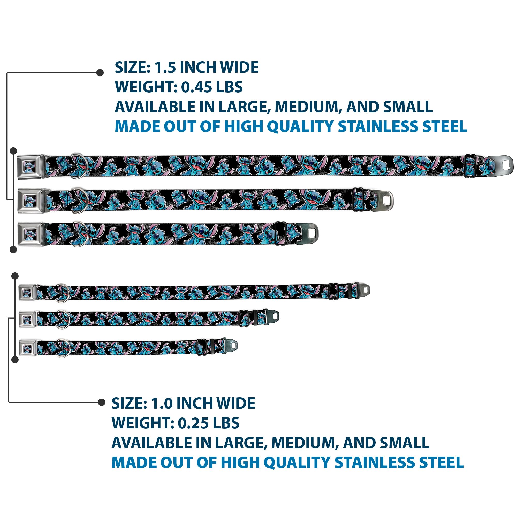 Buckle-Down Seatbelt Buckle Dog Collar - Stitch Poses/Hibiscus Sketch Black/Gray/Blue - 1.5" Wide - Fits 16-23" Neck - Medium