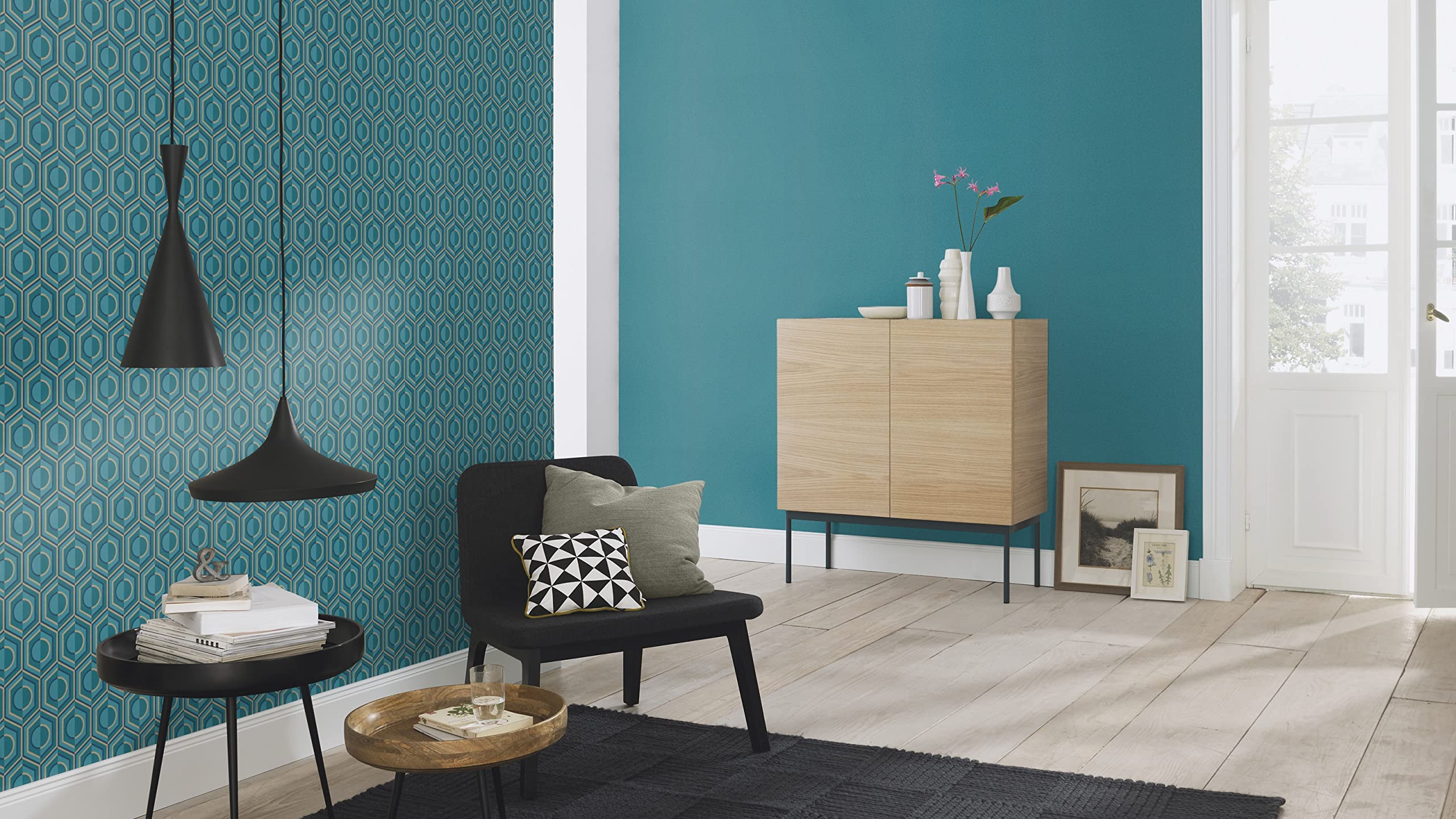 Rasch Papel pintado 710144 – Papel pintado con diseño geométrico retro en aspecto azul petróleo y dorado de la colección Sophia – 10,05 m x 0,53 m (largo x ancho)