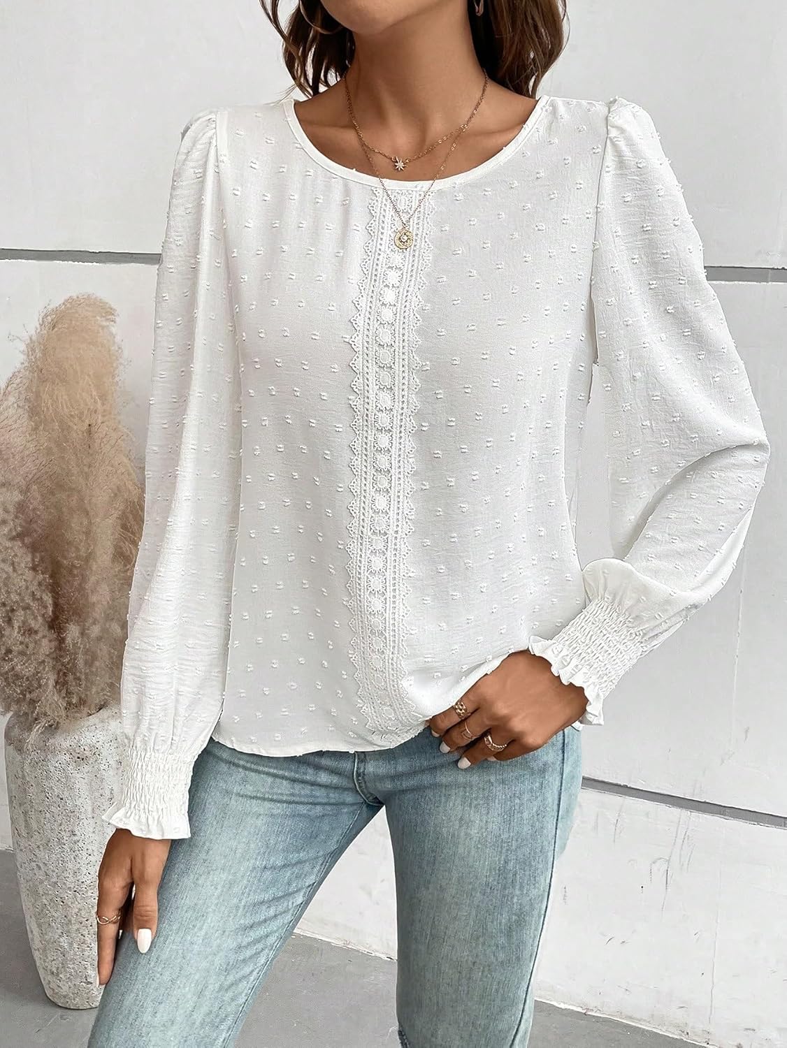 Women's Classic-Fit Shirt Dot Lace Lantern Sleeve Blouse(Small)