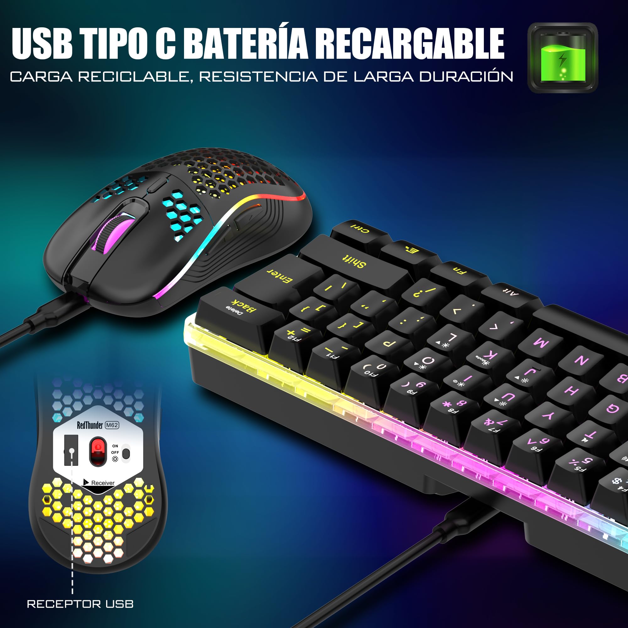 RedThunder Teclado Mecánico Inalámbrico Gaming 60%,Retroiluminación RGB Dinámica,Ratón Celular Ligero de 3200 dpi,Teclado Ultra-Compacto 62 Teclas Anti-ghosting,Disposición QWERTY ES,para PC/PS5/Xbox