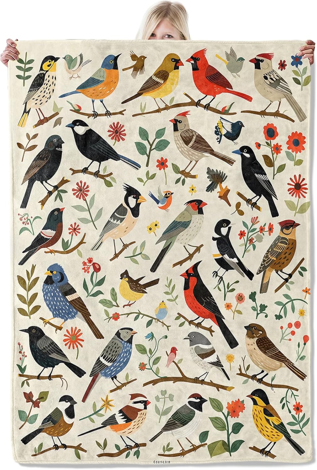 Colorful Bird Flannel Blanket 50x60in, Cute Nature Throw with Whimsical Songbirds and Floral Branches, Soft Lightweight Blankets for Birds Lovers, Spring Decor, Cottagecore Gifts