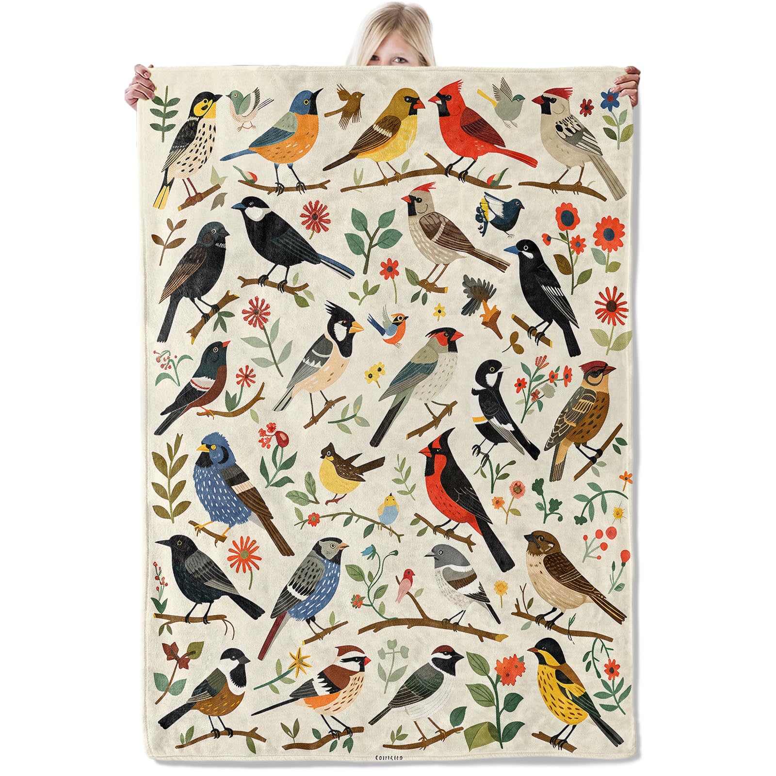 ICAAV Colorful Bird Flannel Blanket 50x60in, Cute Nature Throw with Whimsical Songbirds and Floral Branches, Soft Lightweight Blankets for Birds
