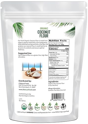 Miniatura 2 de Harina de coco orgánica, 3 libras, fabricada en pequeños lotes para mayor frescura, seca suavemente y finamente molida, fibra natural para cocinar y