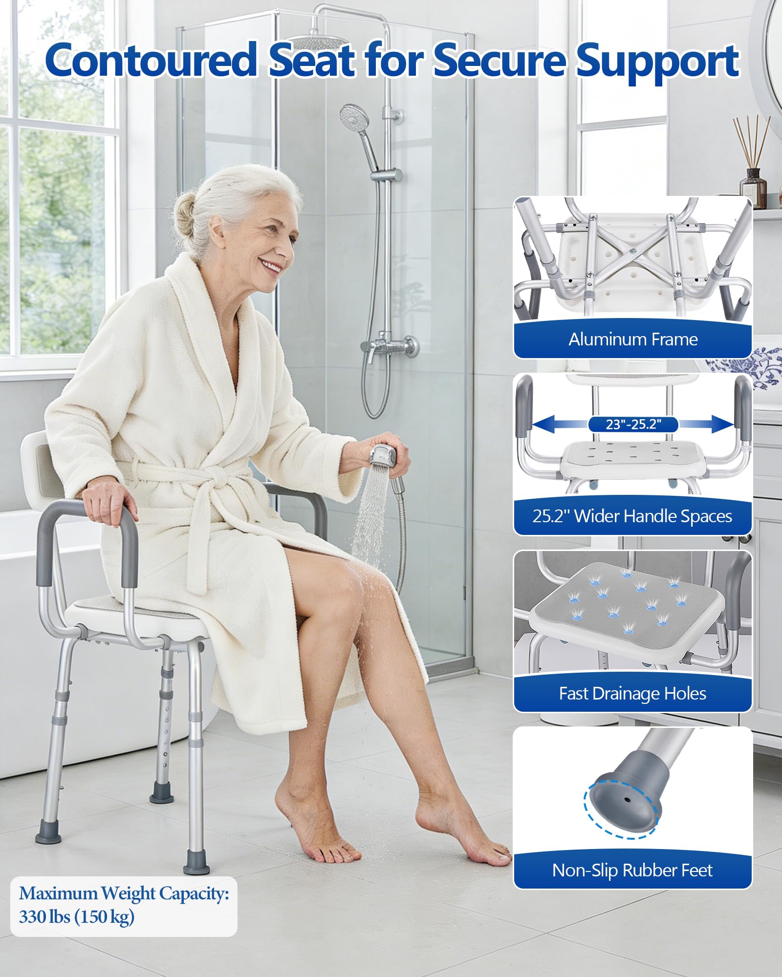 Silla de ducha para ducha interior con respaldo y brazos, silla de baño ajustable para personas mayores, asiento de ducha resistente para bañera interior, taburete de ducha de 330 libras para ancianos