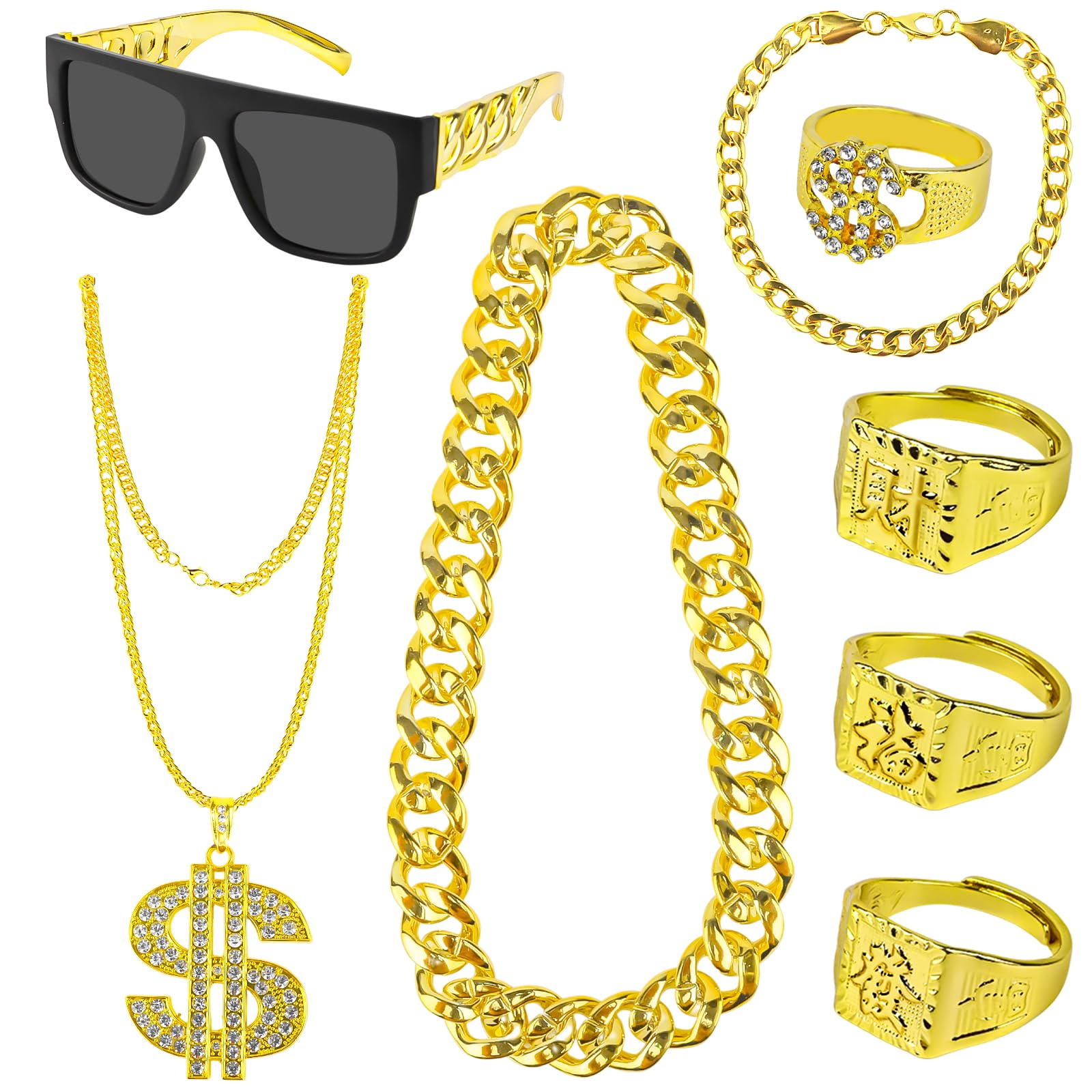 Kit De 7 Accesorios De Rapero Hip Hop 80s/90s – Collar De Dólar, Anillo, Pulsera, Pendientes Y Gafas De Sol – Estilo Vintage Dorado – Ideal Para Disfraces, Carnaval Y Fiestas Temáticas