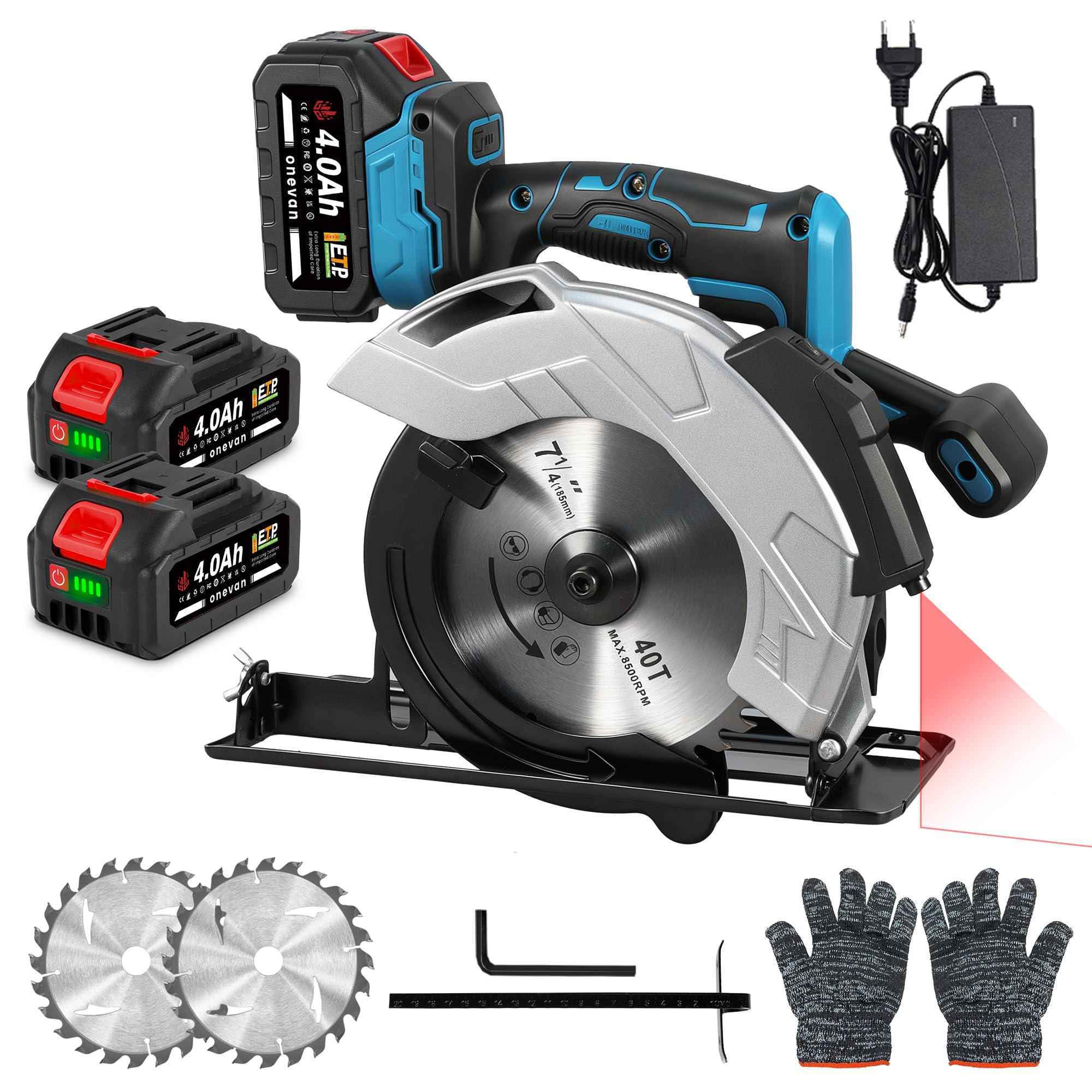 ONEVAN Sierra Circular a Batería con Láser 125mm Profundidad 60mm y 2x4.0Ah | Guía láser precisa, 1200W motor sin escobillas, 0-45° corte en bisel, 4000 RPM, Para madera, plástico & metales