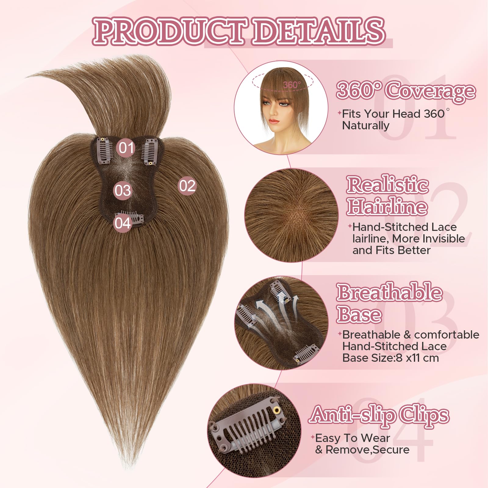 SEGOHAIR Human Hair Topper with Bangs 360°3D Coverage Hand-stitched Hair Thinning Toppers Clip in Bangs Natural for Women Breathable 11inch Dark Chocolate Brown,20g - Image 2