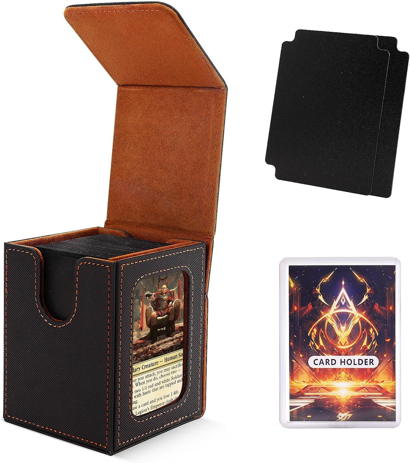 MTG Deck Box for Commander Display,Card Deck Case Fits 100 Double Sleeved Cards, Magic Commander TCG Card Leather Storage Box with 2 Dividers and 1 Toploader (Black/brown)