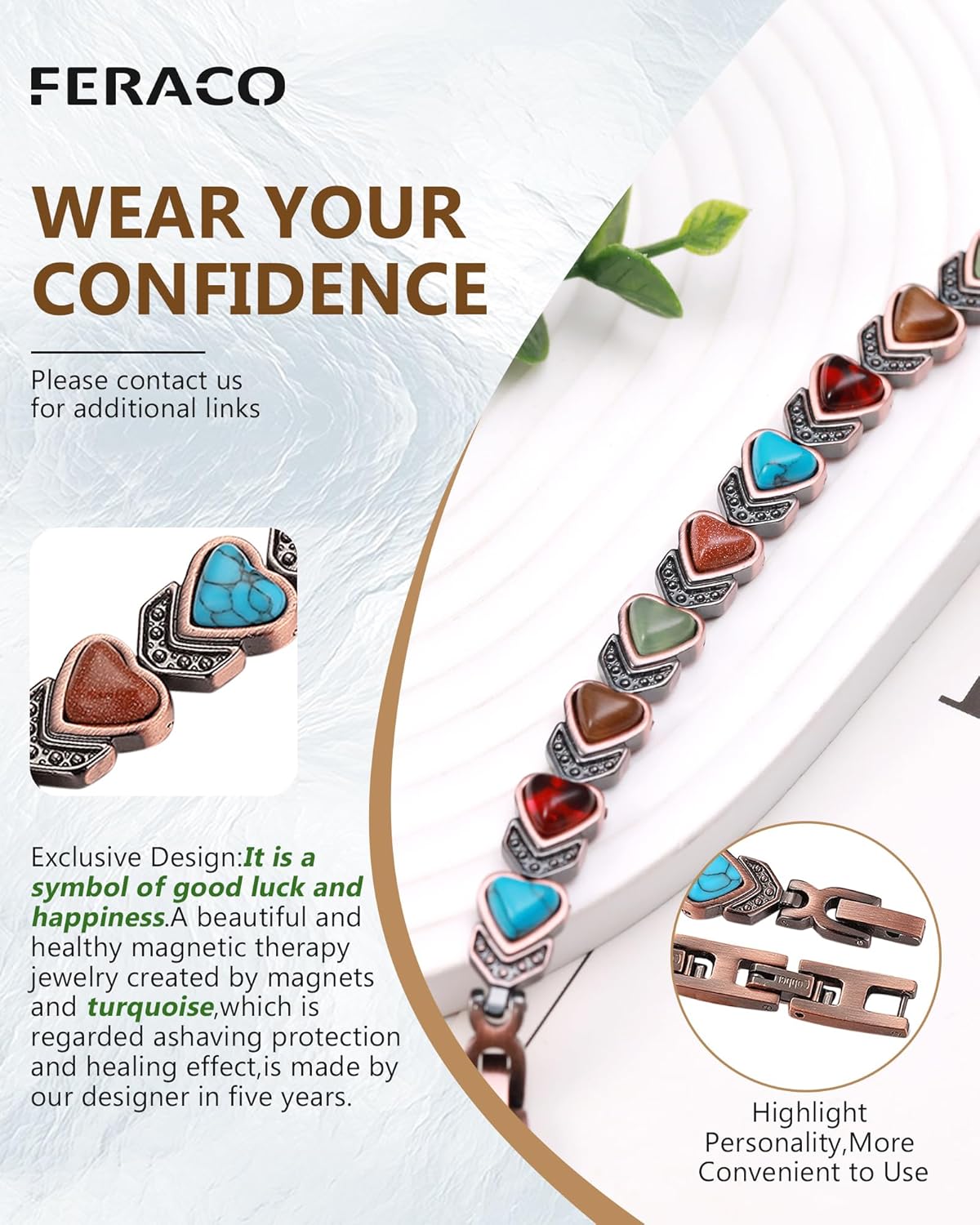 Feraco Pure Copper Bracelets for Women, Ultra Strength Magnetic Bracelet with 3800 Gauss Magnets & Natural Turquoise & Stones, Adjustable, Jewelry Gift - Image 5