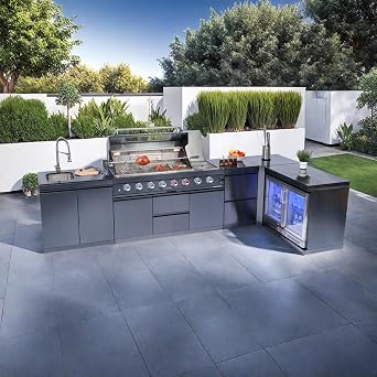 Modular Outdoor Kitchen BBQ Island, Outdoor Kitchen Propane Gas Island Grill with Sink, Compact Refrigerator, Storage Cabinets, Rotisserie Kit (Black, 157)