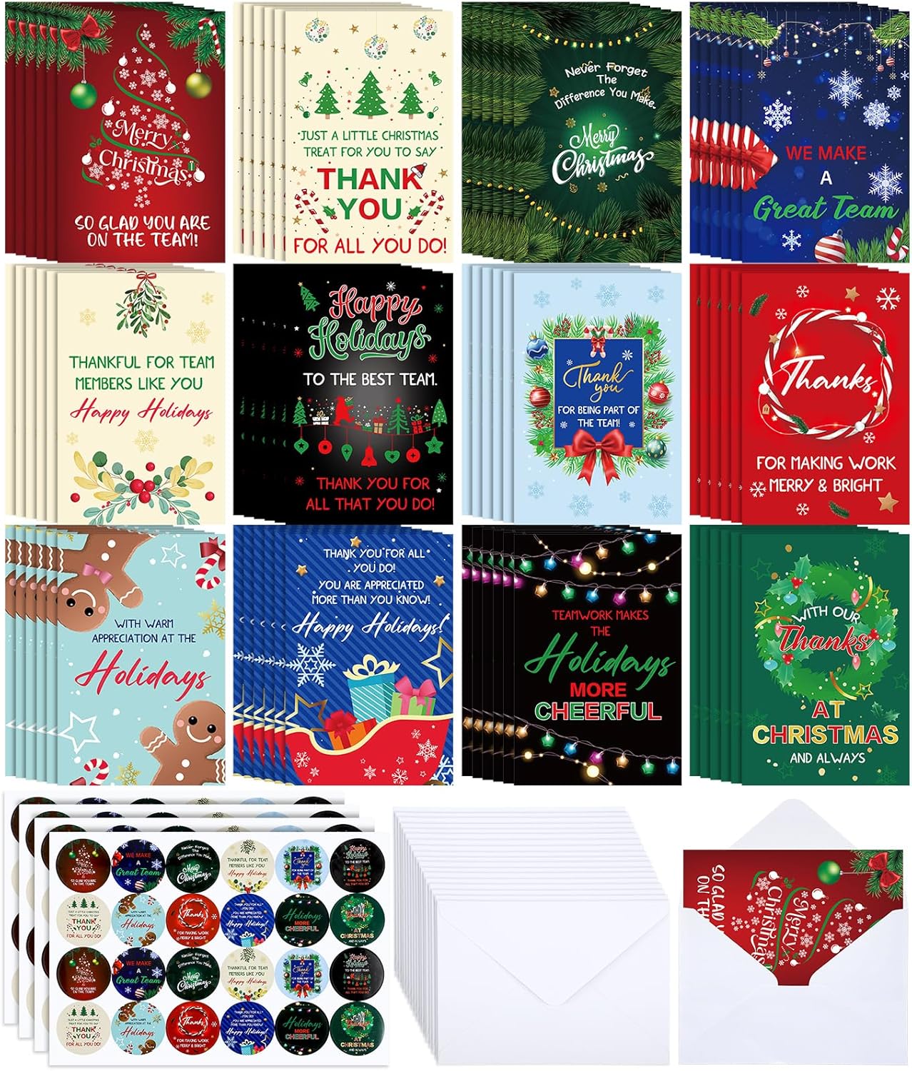 Gueevin 72 Pack Christmas Appreciation Card for Employees Staff Christmas Thank You Greeting Cards Bulk with Envelopes and Stickers 4 x 6 Inch for Company Holiday Cards Business New Year Party Favors
