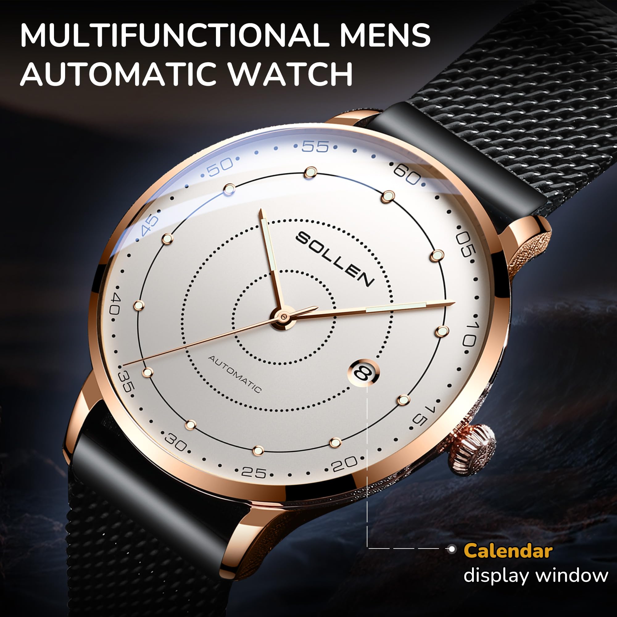 SOLLEN Automatische Herrenuhren, minimalistische mechanische Uhren für Männer, luxuriöse, leuchtende Herren-Armbanduhr mit Kalender