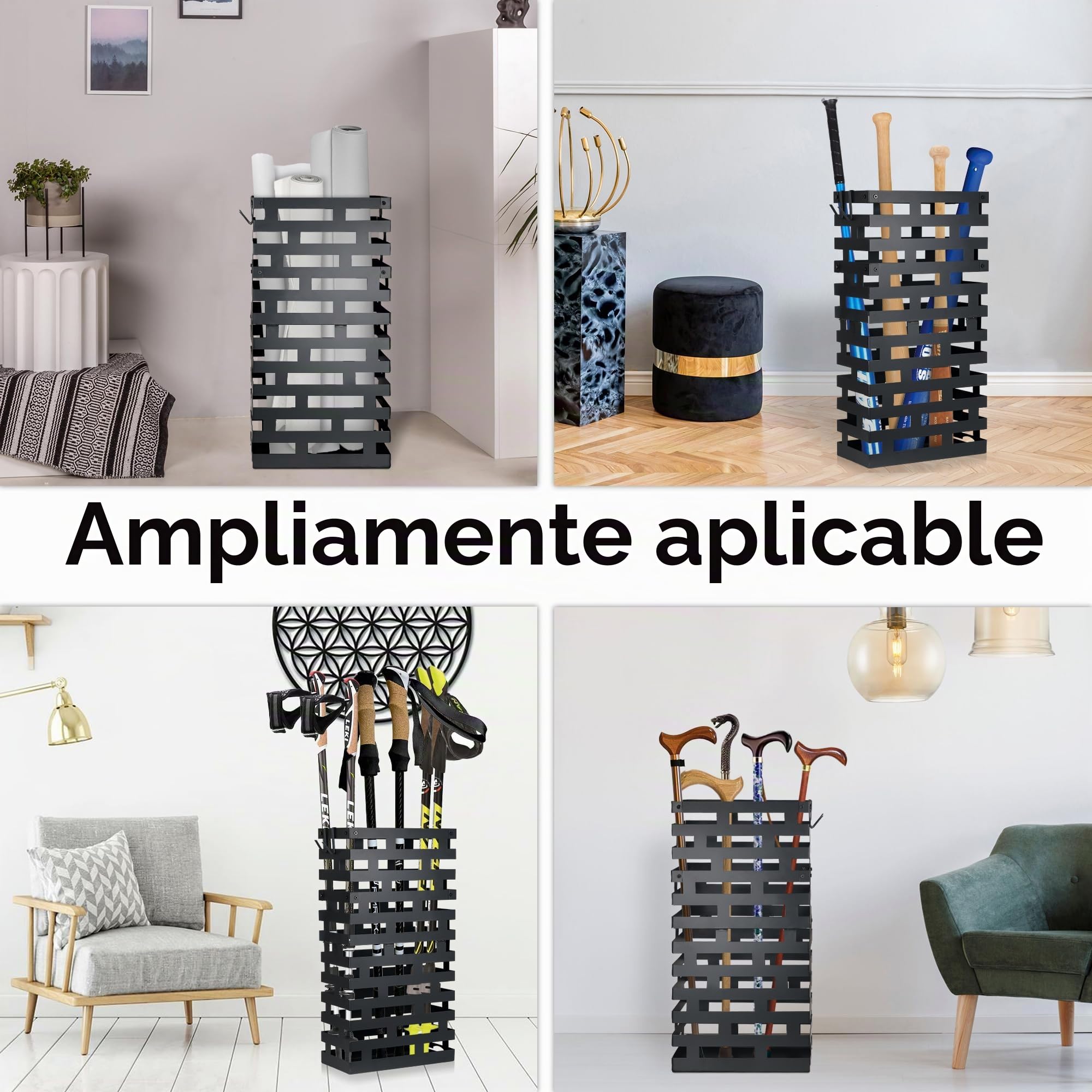 Alyoen Paragüero de metal, 30 x 15 x 58 cm, gran paragüero con gancho y bandeja extraíble para recoger el agua, soporte para el hogar, oficina y hotel, color negro