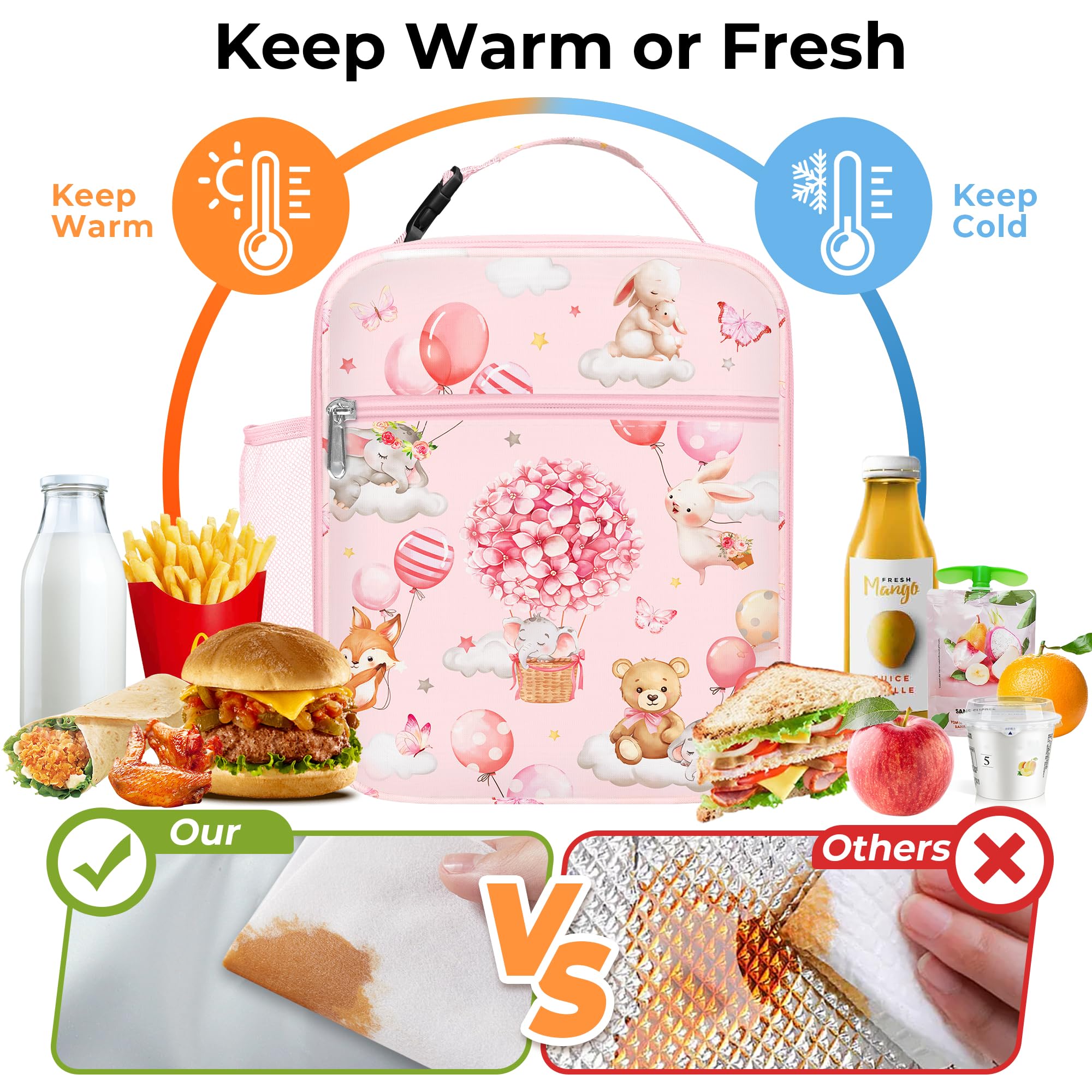 Clastyle Pink Insulated Kids Lunch Bag Large Thermal Cooler Bag for Girl Picnic School Lunch Box Tote,Balloon Animal - Image 3